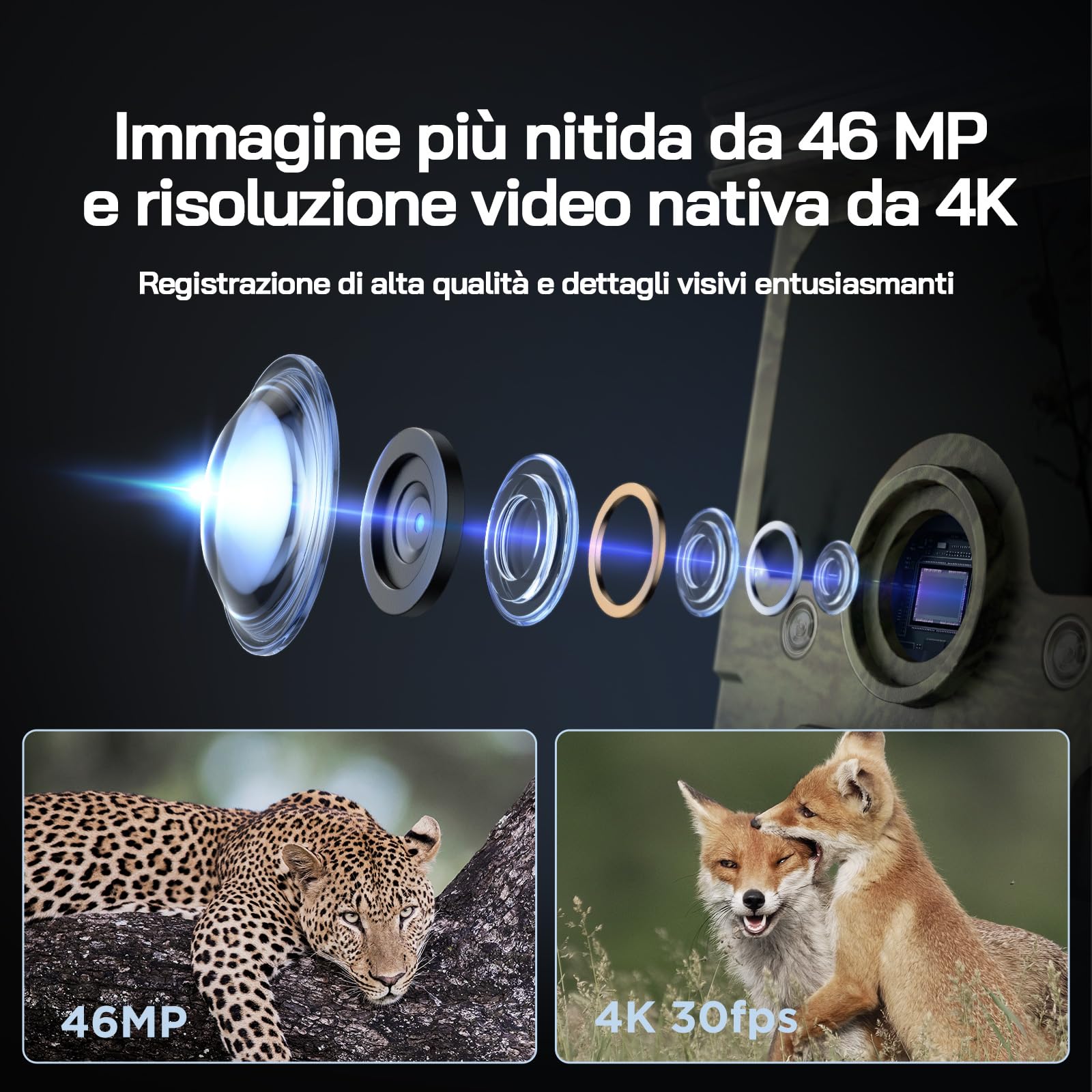 WOLFANG Fototrappola Solare 4K 30Fps, Wifi Bluetooth Fotocamera Caccia con Visione Notturna, Grandangolare 120 ° Fototrappole con Tempo di Scatto 0,1s, IP66 Impermeabile, Micro SD da 32 GB