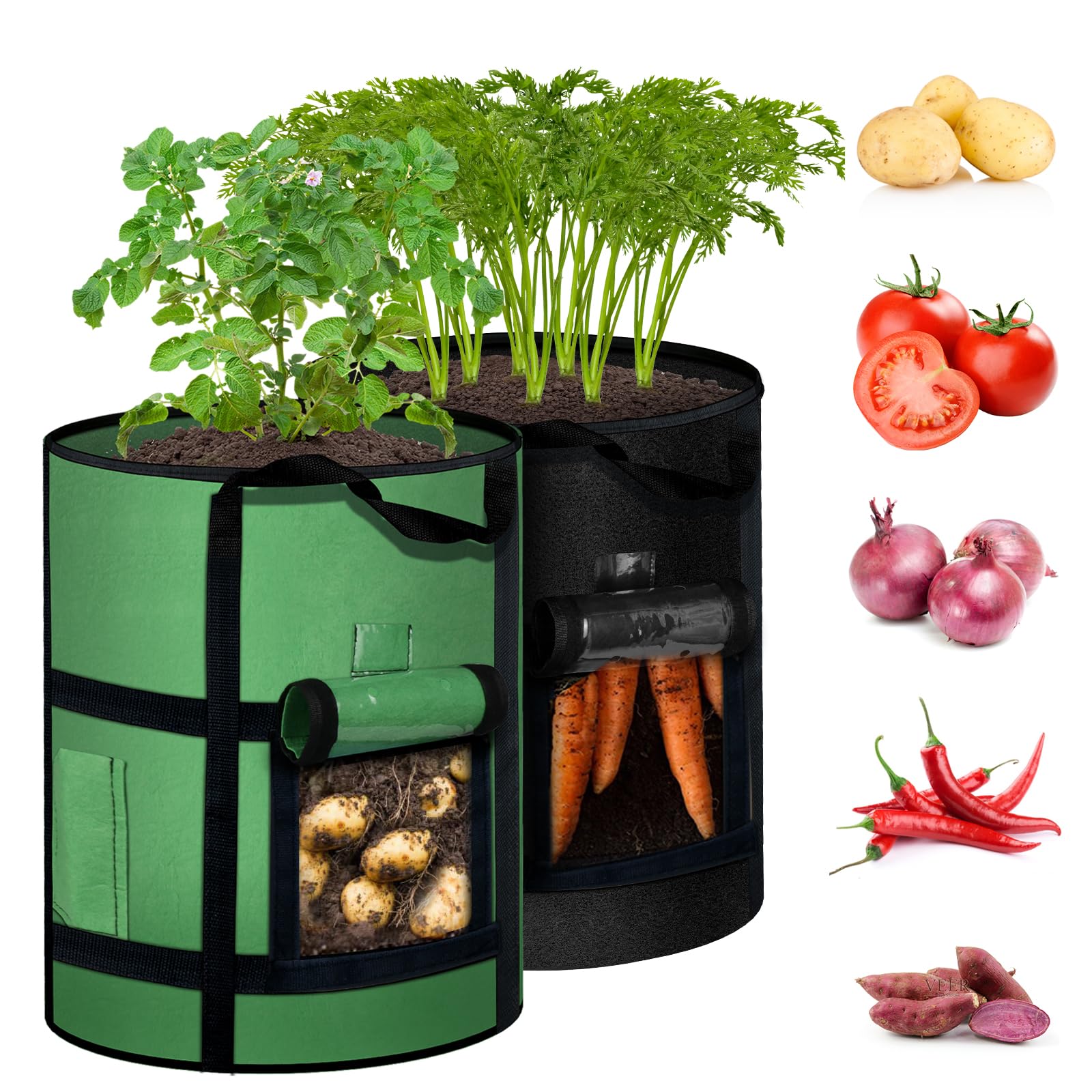 7 Gallon Potato Grow Bags with Viewing Window, 300G Nonwoven Garden Planting Pots, Heavy-Duty Surround Handles for Gardening Supplies (2Pack Grow Bags)