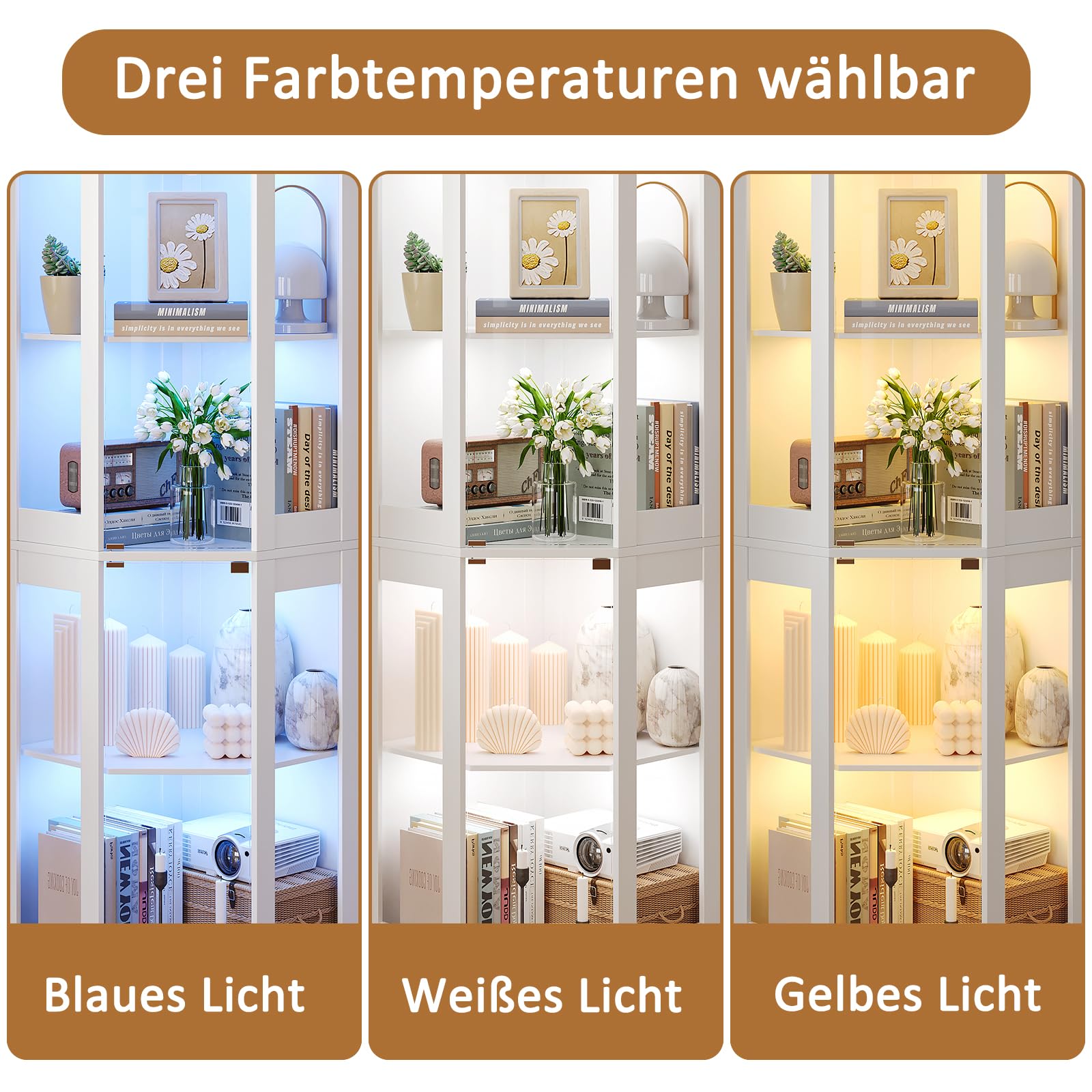 178 cm Eck-Glasvitrine mit LED-Beleuchtung, 4 Ablagen & Glastüren, Weiß