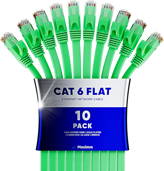 Cat6 Ethernet Cable 20ft, 10-Pack Green - Flat High-Speed Network Cables for Gaming, Streaming, Router, Modem, PC, PS5, Xbox - Durable & Space-Saving Design