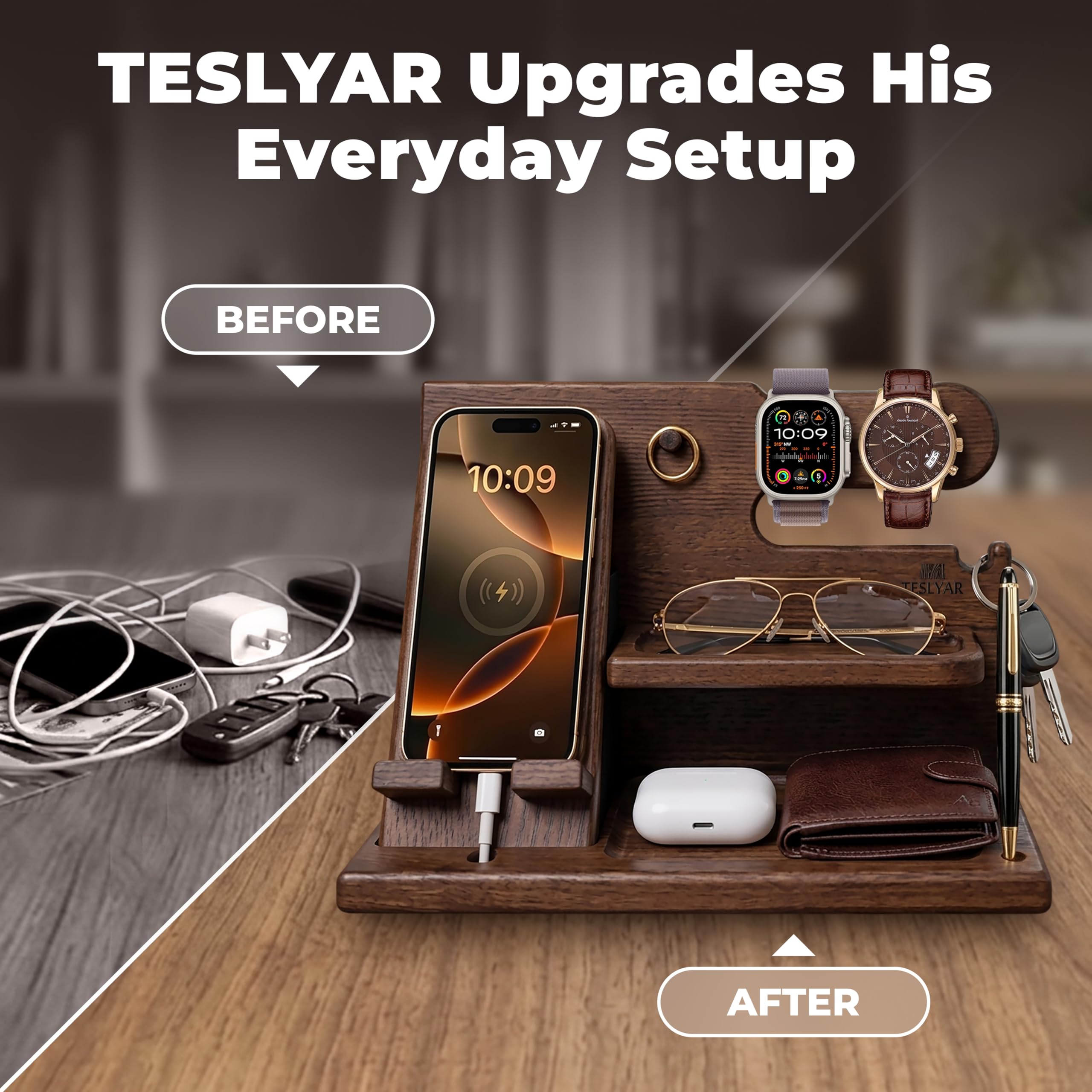 Amazon.com: TESLYAR Wood Phone Docking Station for Men - Desk or