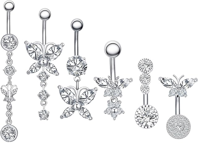 6PCS 14G 316L Surgical Steel CZ Belly button Bars with Dangle Cubic Zirconia Curved Body Piercing Jewelry Barbells for Women Girls