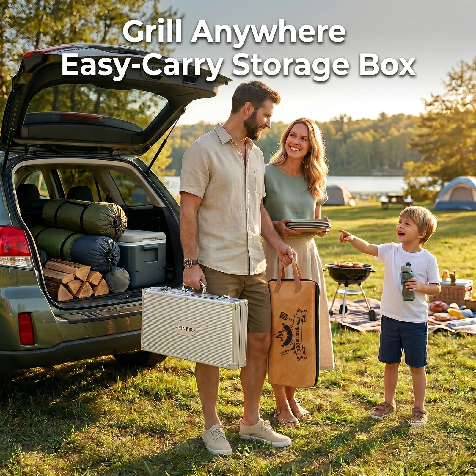 RINPIR - Set di 21 accessori per barbecue con coperta di carne riutilizzabile da 53 cm, regalo per la festa del papà per uomini e papà strumenti per griglia in acciaio