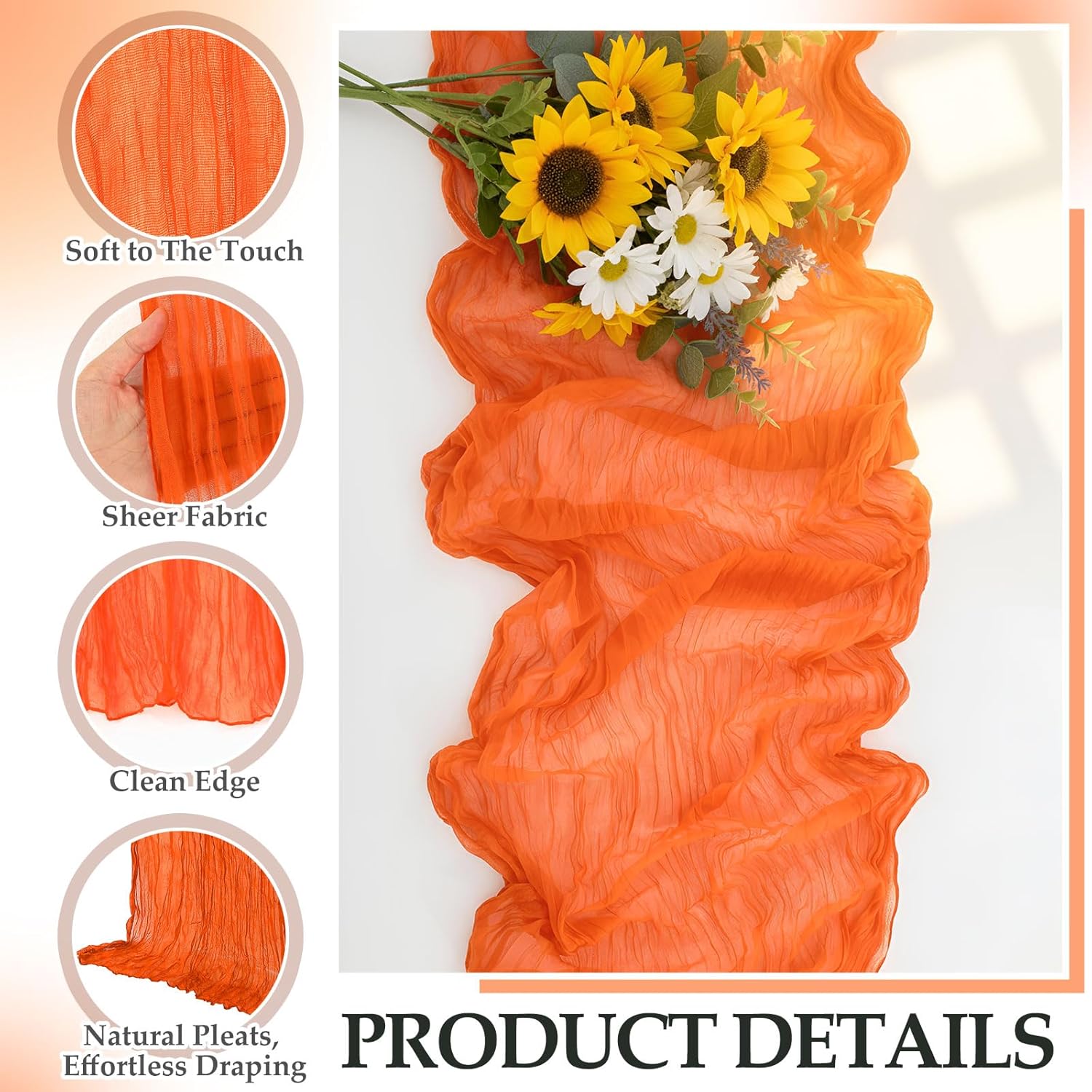 6 Pcs Pink and Orange Cheesecloth Table Runner Boho Gauze Cheese Cloth Runner 118" Rustic Table Decor for Sunset Party Wedding Bridal Baby Shower Birthday Thanksgiving Home Arbor Decor