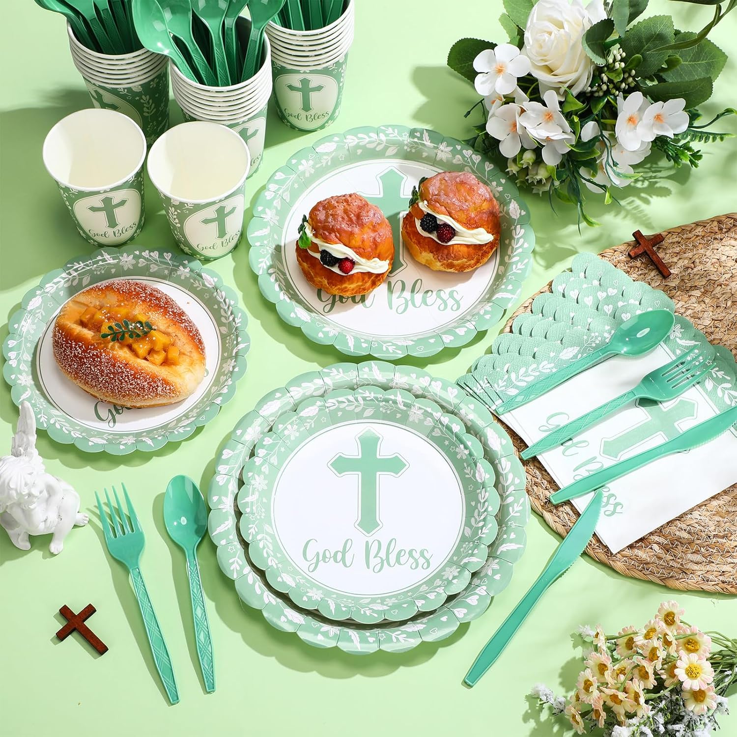 Zhehao 25 Sets Baptism Plates Napkins Party Supply First Communion Decorations God Bless Disposable Cups Cutlery for Newborn Baby Shower Christening Church(Green)