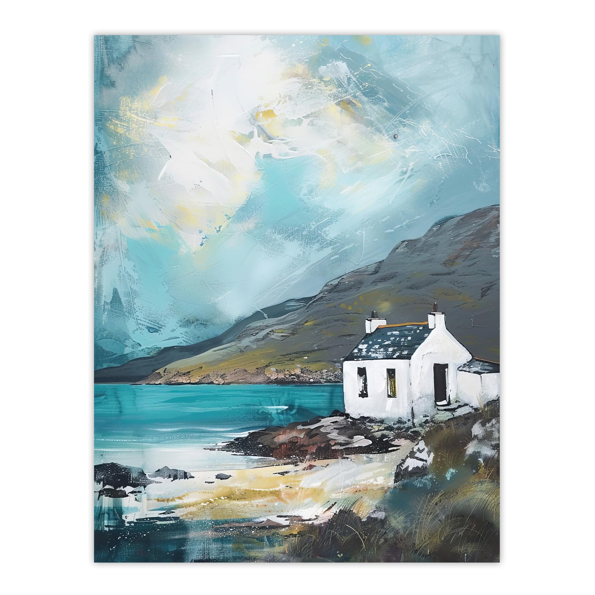 Artery8 White Scottish Cottage Loch Hills Oil Painting Living Room Large Wall Art Poster Print Thick Paper 18X24 Inch