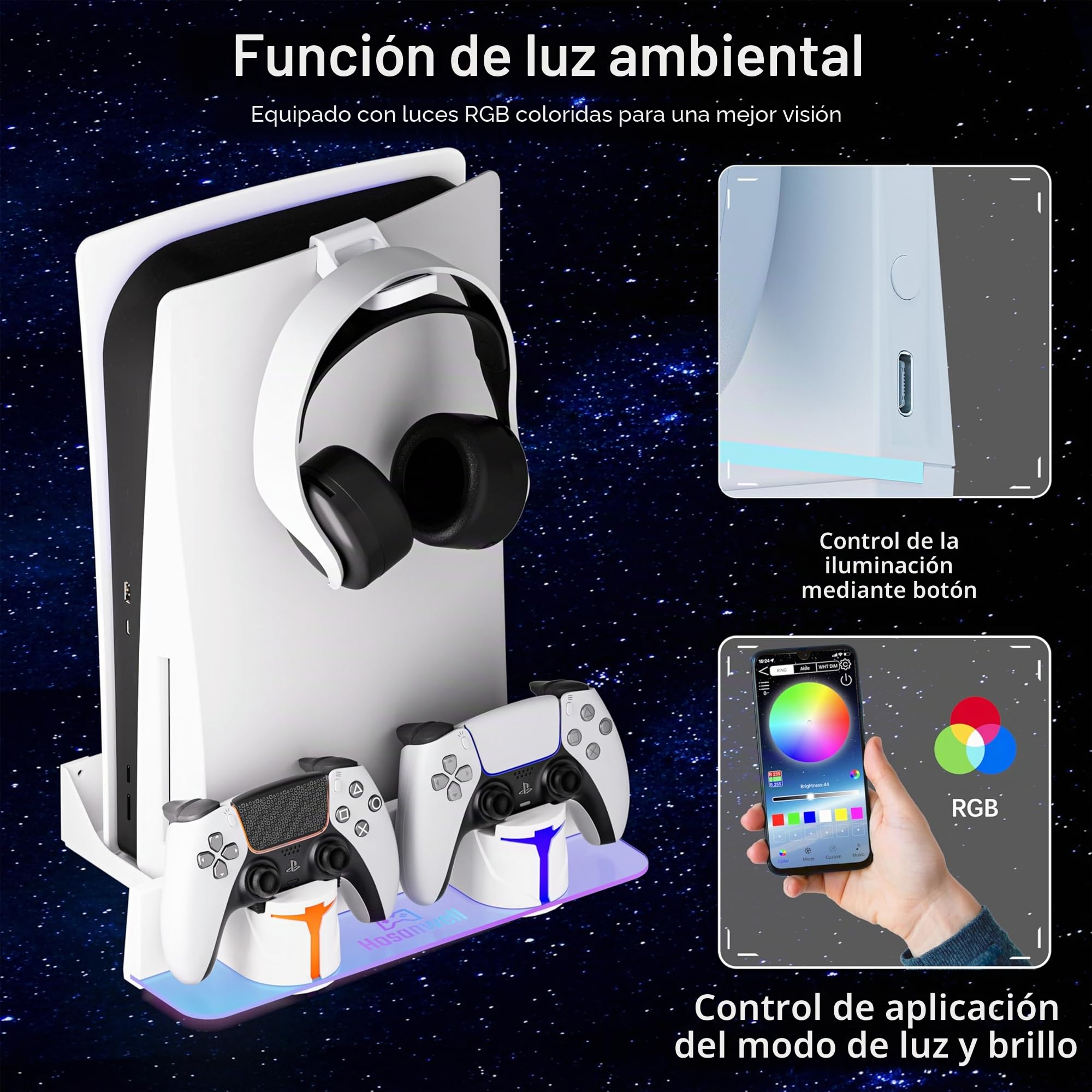 Hosanwell Soporte de Pared para PS5/PS5 Slim/PS5 Pro con Estación de Carga, Compatible con PS5 Disc & Digital Versión, Estación de Carga con Multimodo RGB Luz, Blanco