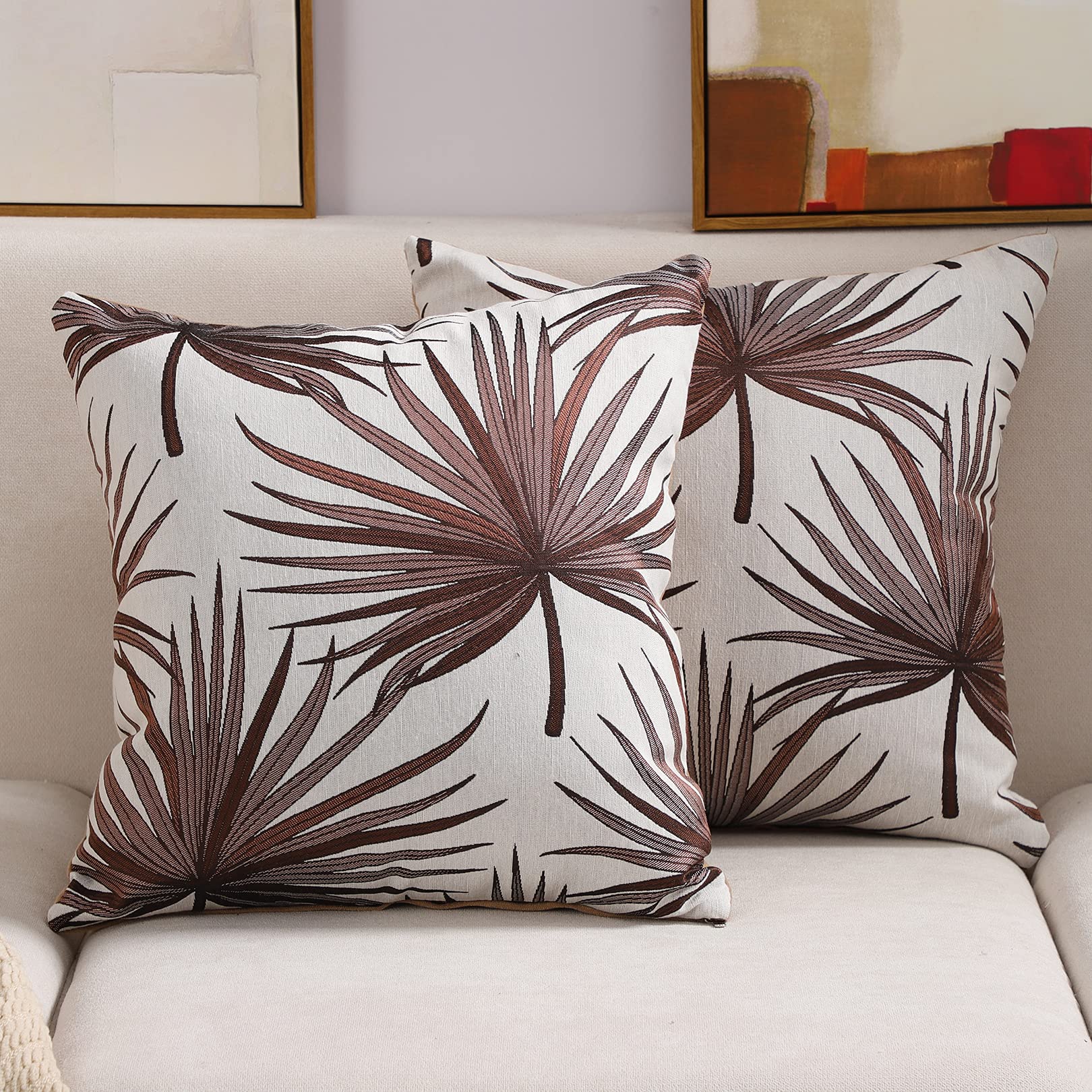 COFEDE Cushion Covers 18x18 Inch Pack of 2 Tropic Leaf Velvet Cushion Cases 45x45cm for Sofa Bedroom(Brown)