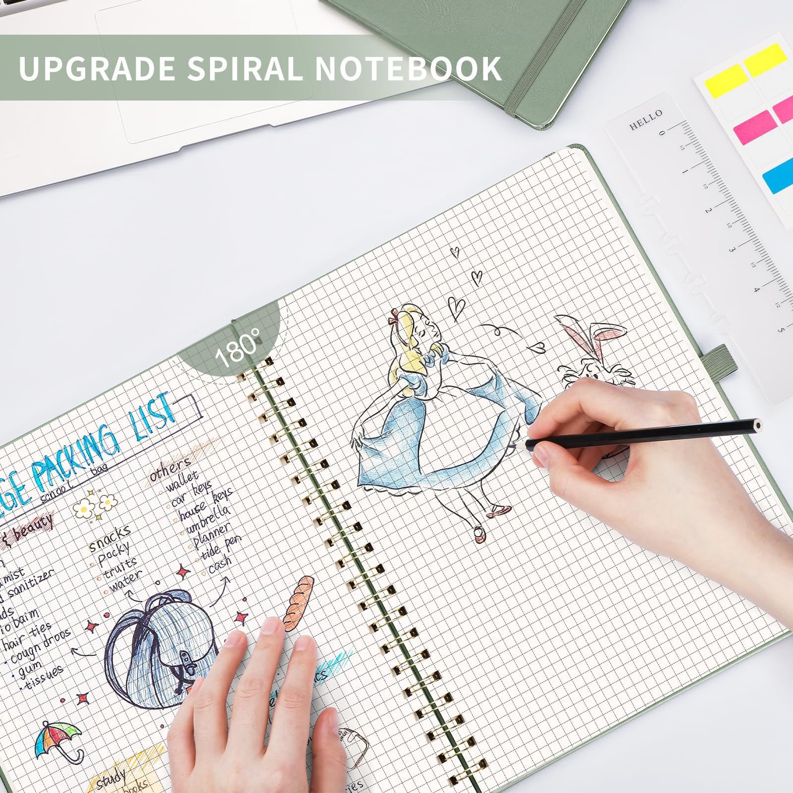 AHGXG Cuaderno de papel cuadriculado, cuaderno en espiral de 8.5 x 11 pulgadas, cuaderno de cuadrícula grande de cuero de tapa dura A4, papel gráfico grueso de 100 g/m², diarios para escritura