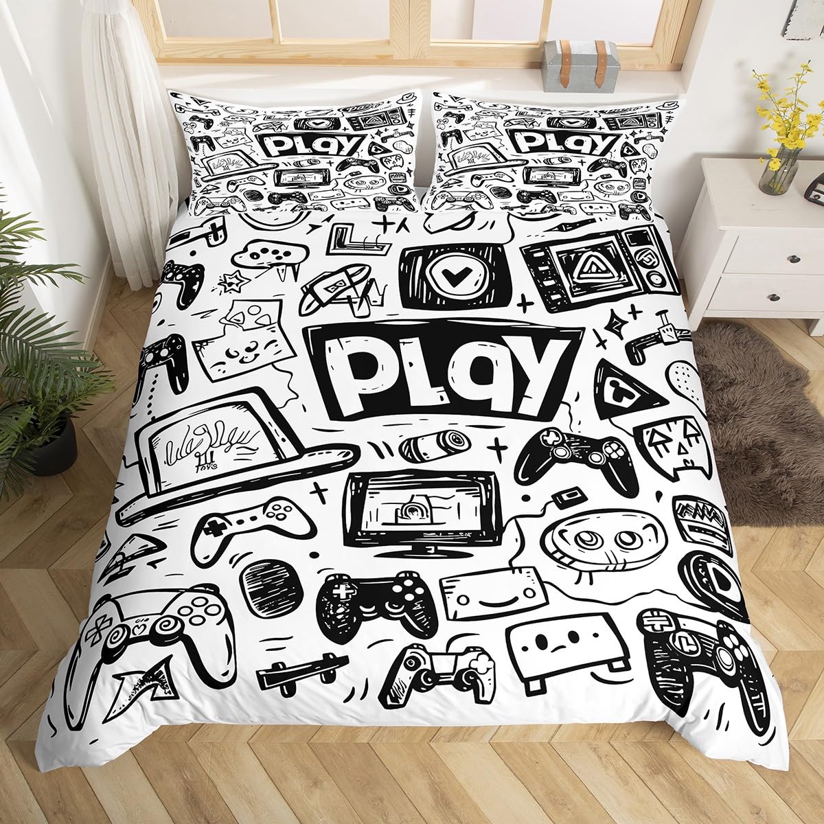 Housse de couette graffiti noir et blanc 200x200 avec motif manette