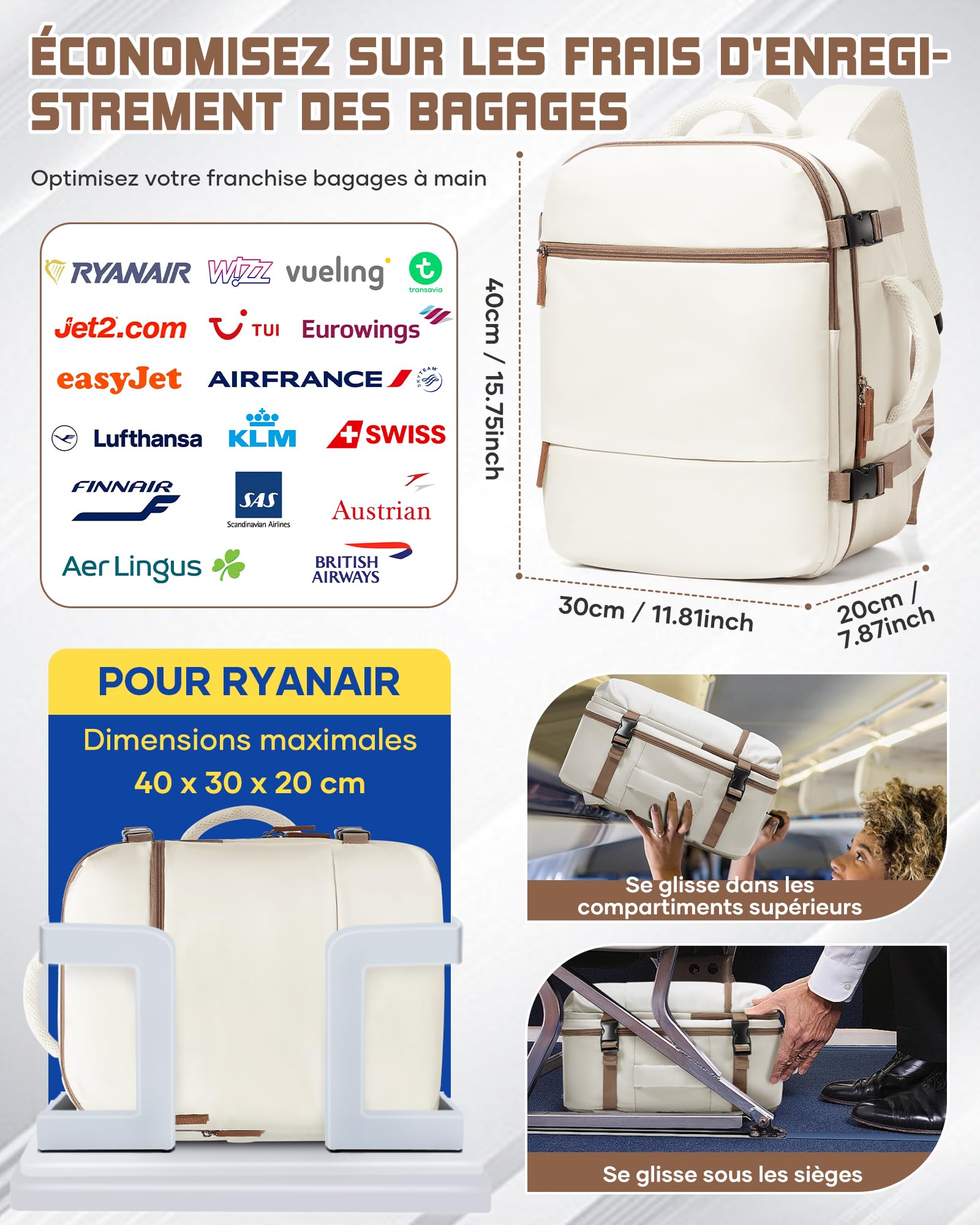 suradar Bagage Cabine 40x30x20 Sac Ryanair Sacs a Dos Voyage Cabine Avion 40x30x20 pour Wizzair Eurowings avec Sac Humide Sacs à Dos Ordinateur Portable 14 Pouces Homme Femme Beige et marron
