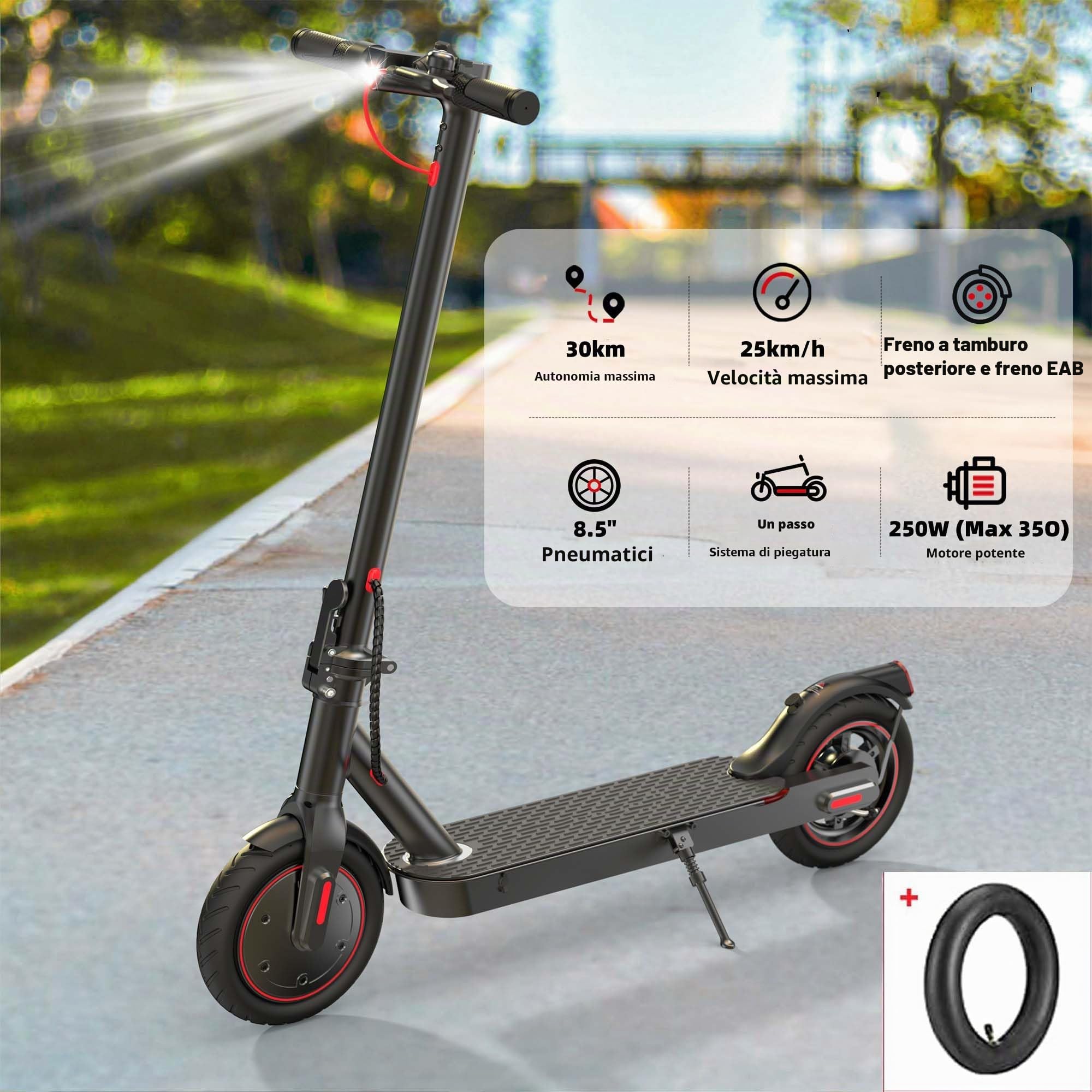 iScooter Monopattino elettrico pieghevole da 8,5" per adolescenti e adulti, motore da 35O, autonomia 30 km, max 25 km/h, carico 100 kg, frenata doppia, 3 modalità di eloquità, viaggi giornalieri