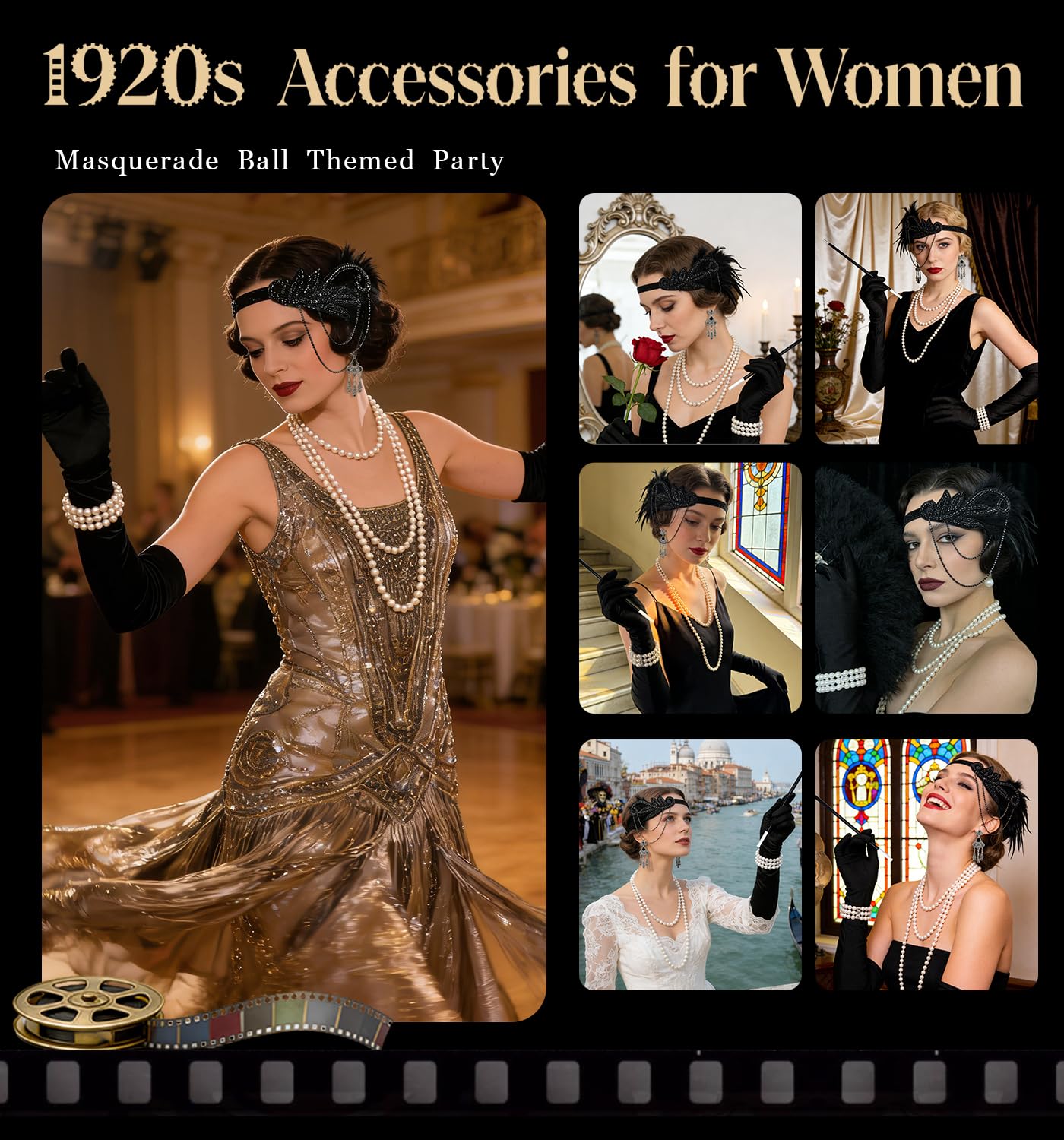 Ginkago 1920s Accessories for Women 6Pcs Flapper Accessories Set including Feather Headband, Earrings, Necklace, Bracelet - Image 2