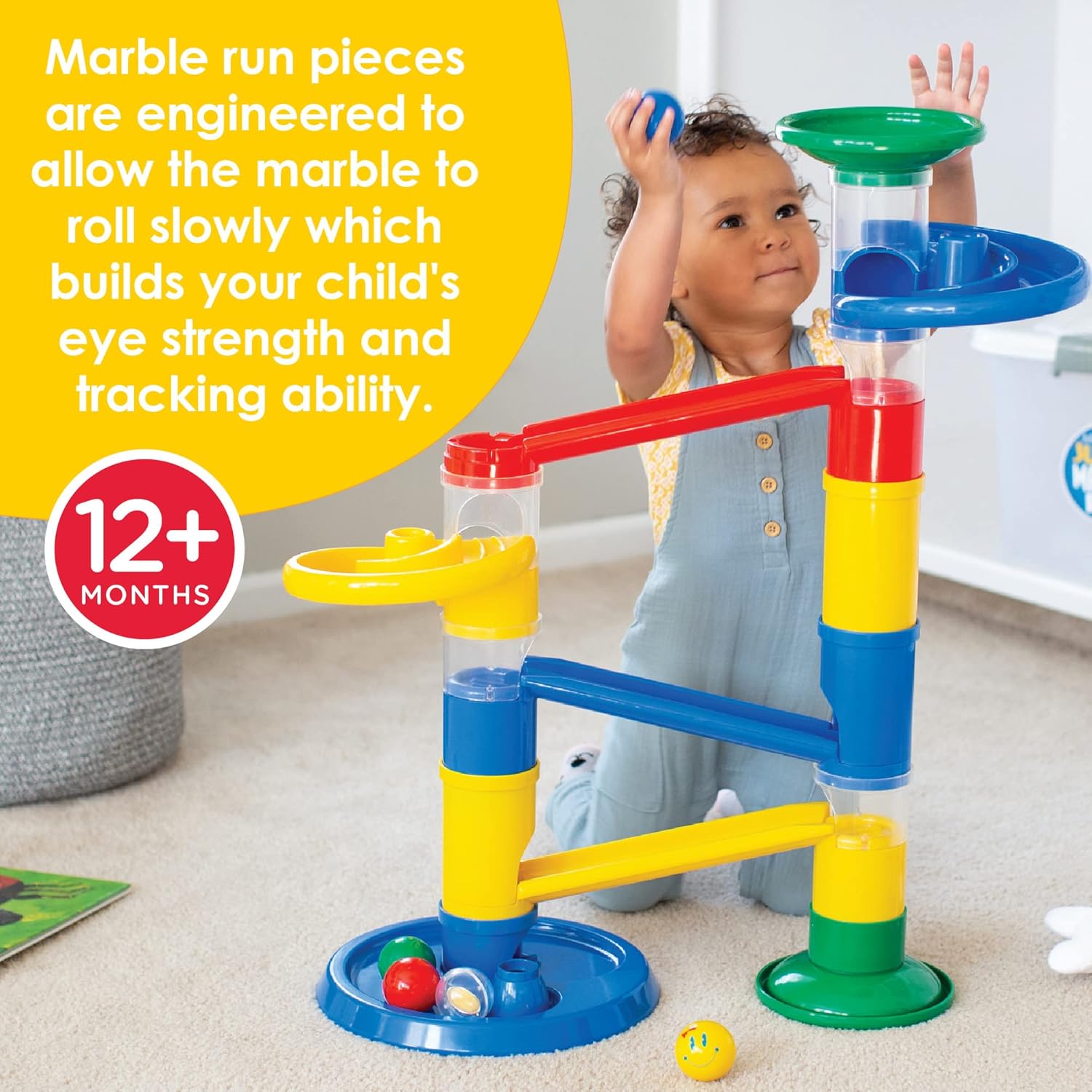 MindWare Junior Marble Run - My First Marble Run Set - Toddler Building Game - Marble Maze Toddler Building Toy Set with Oversized Marble Track Pieces and 5 Giant Marbles for Kids 12 Months and Up