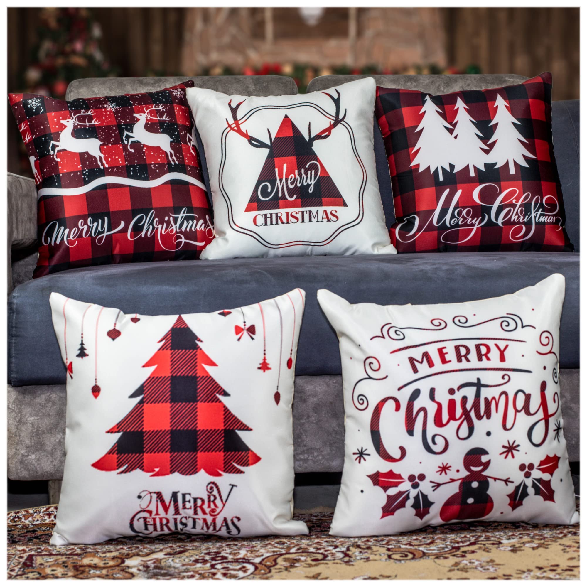 Vendola Merry Christmas Decorative Printed Satin Cushion/Throw/Pillow Covers (Multicolour) Set of 5 Pieces (12X12 Inches, Deers)