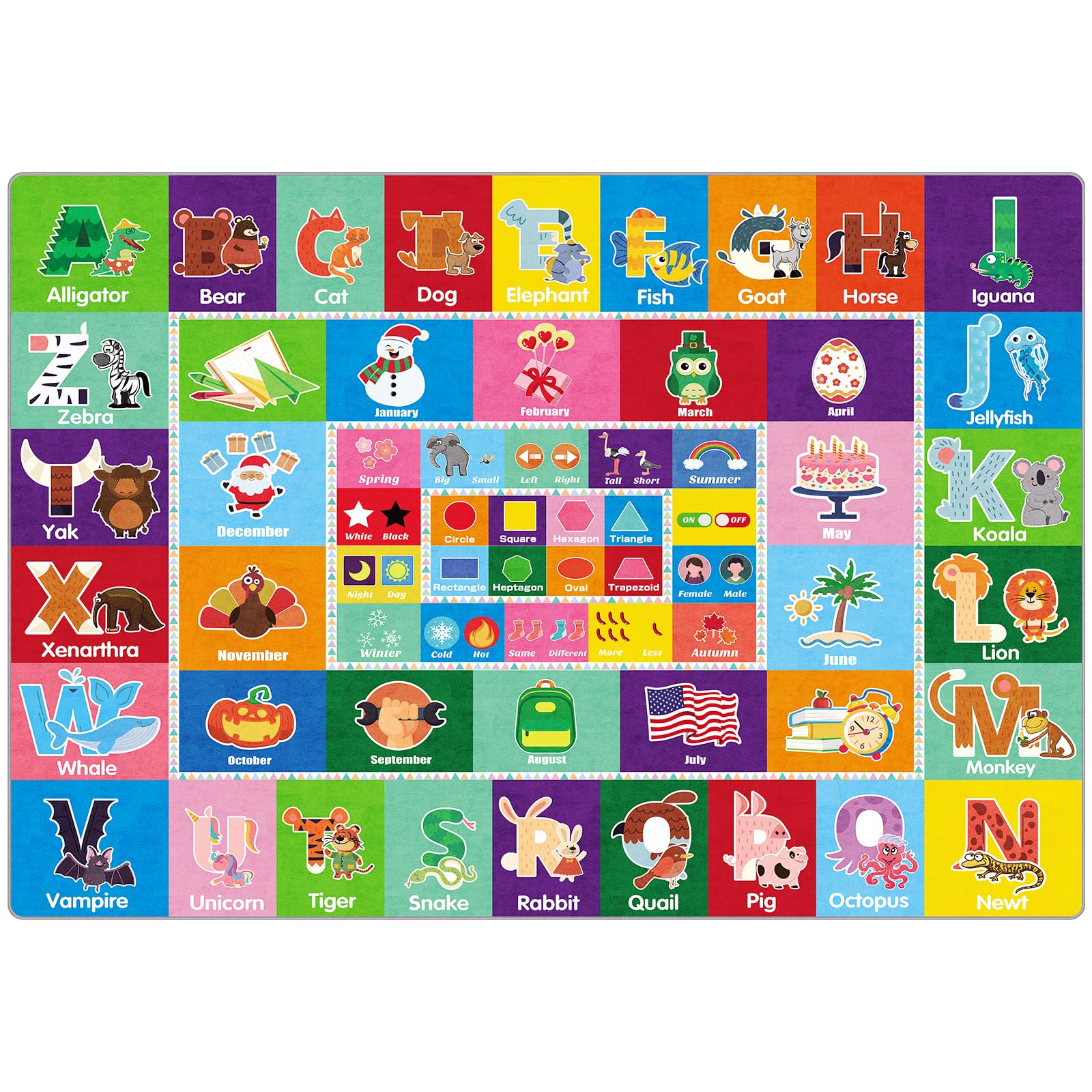 Tapis de jeu avec design antidérapant Collection ABC, forme, saison, mois, opposé et tapis éducatif pour chambre à coucher, salle de jeux (200 x 150 cm)