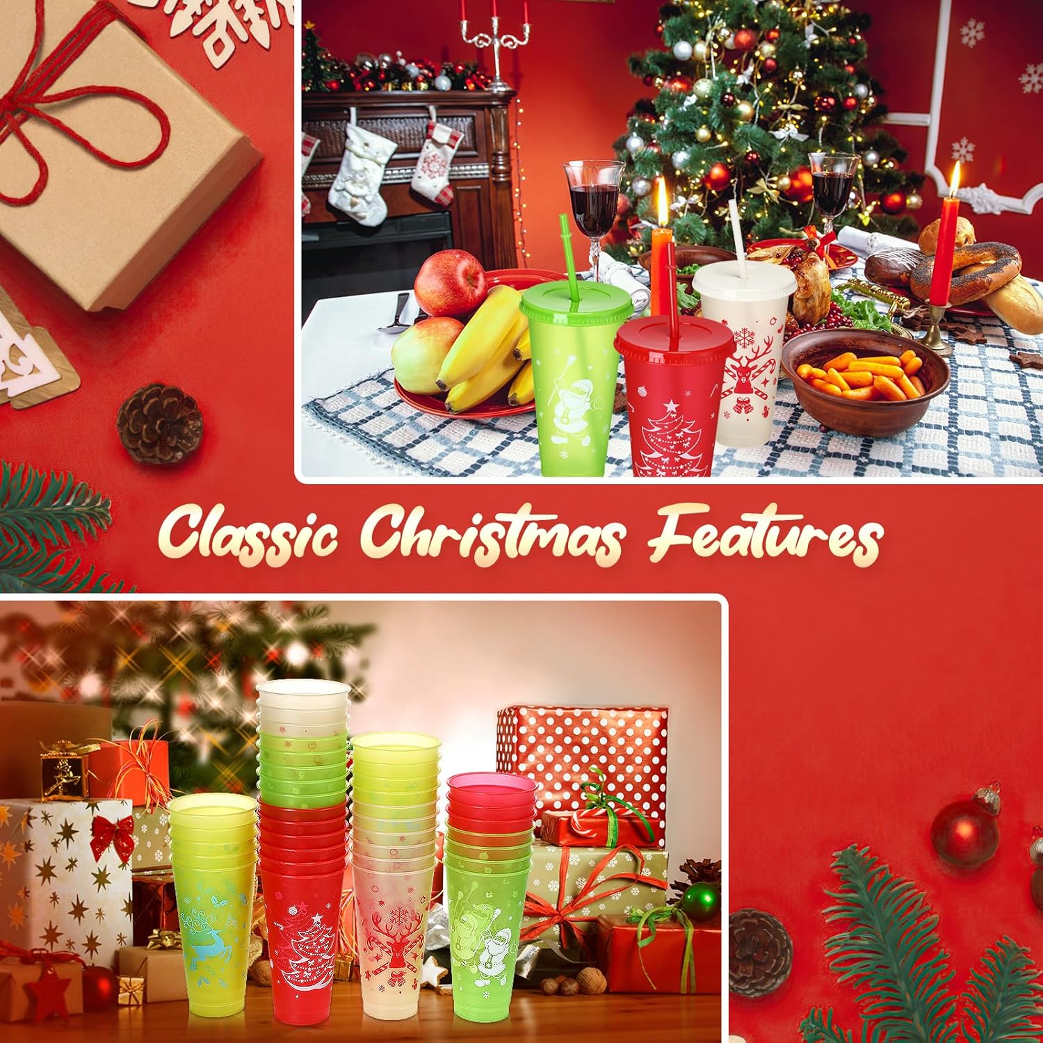 Sliner 40 Pieces Christmas Reusable Cups with Lids and Straws 24 oz Plastic Tumblers with Lids and Straw Water Bottles Bulk for Coffee Adults Kids Christmas Party supply - Image 3