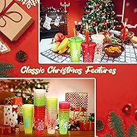 Vista 3 de Sliner 40 vasos reutilizables de Navidad con tapas y pajillas, vasos de plástico de 24 onzas con tapas y botellas de agua con popote a granel