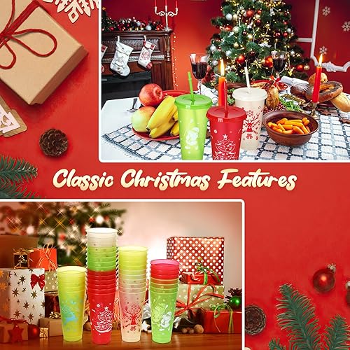 Miniatura 3 de Sliner 40 vasos reutilizables de Navidad con tapas y pajillas, vasos de plástico de 24 onzas con tapas y botellas de agua con popote a granel para