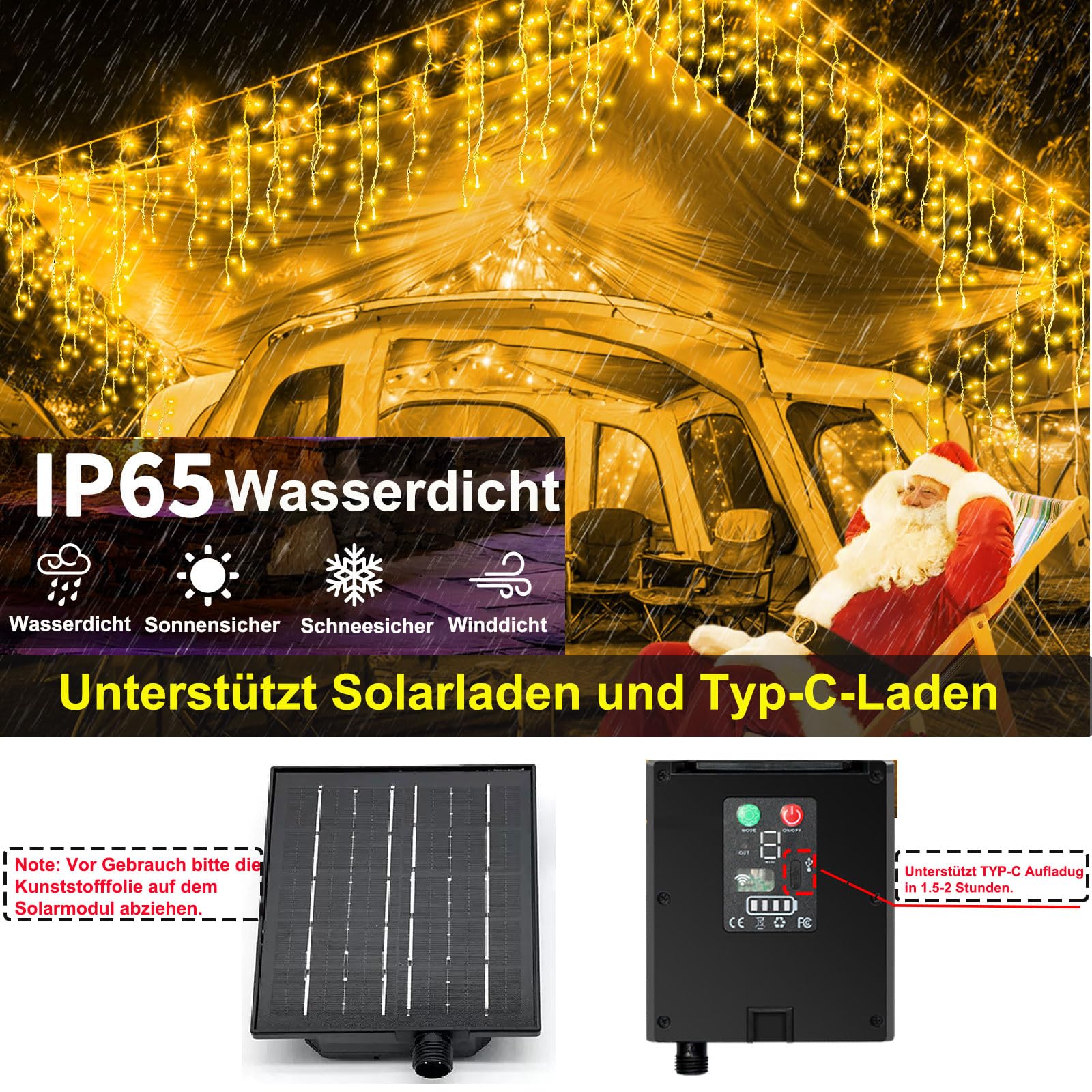 Solar Eisregen Lichterkette,Solarenergie und Wiederaufladbar,20m +5m 660 LED IP65 Wasserdicht, Mit 8 Modi & Timer und Speicher Weihnachtsbeleuchtung Außen für Balkon Fenster Haus Geländer (Warm-Color)