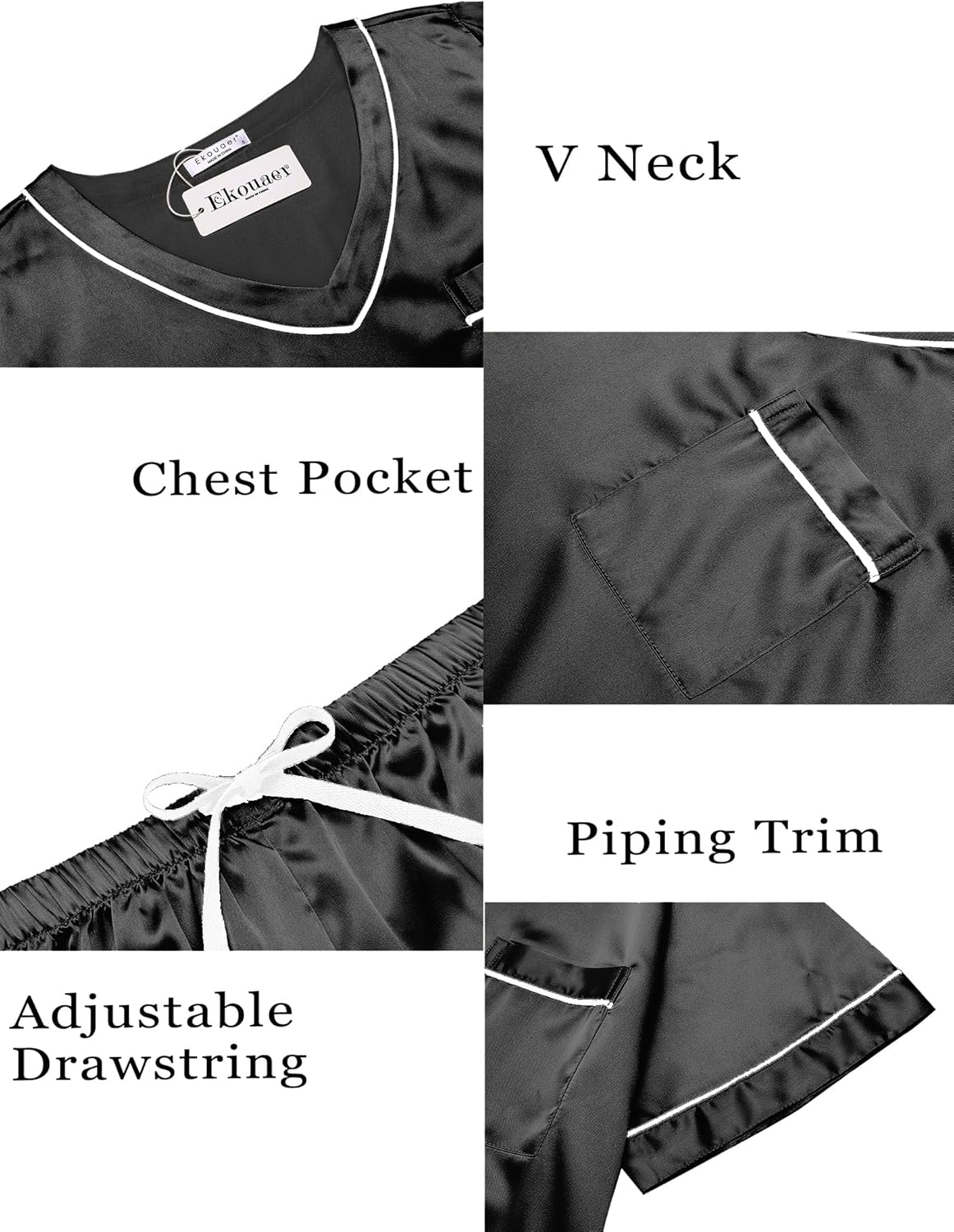 Ekouaer Silk Pajamas for Women Satin Pajama Set 2 Piece Short Sleeve Pjs Sets Soft Summer Sleepwear with Pockets Black XXL - Image 5