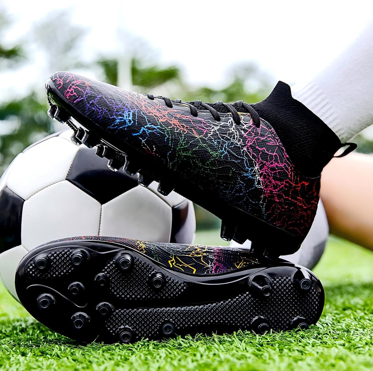 Unisex Adult High-Top Soccer Cleats - Non-Slip Traction Football Boots for Firm Ground & Artificial Turf, Lightweight Training Shoes for Men & Women