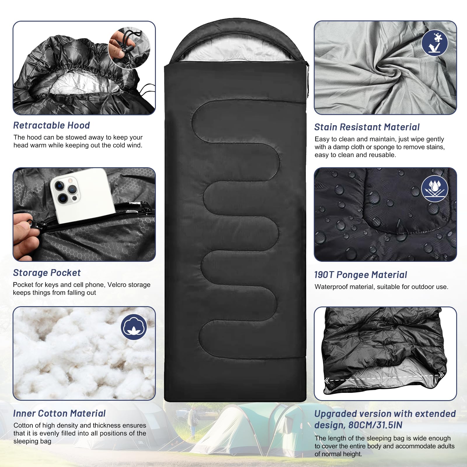 Tiazhan Saco de Dormir, Saco de Dormir Ultraligero para una Sola Persona de 4 Estaciones para Adultos y Niños, Saco de Dormir Cálido e Impermeable, Elementos Esenciales - 220 x 80 CM - Negro