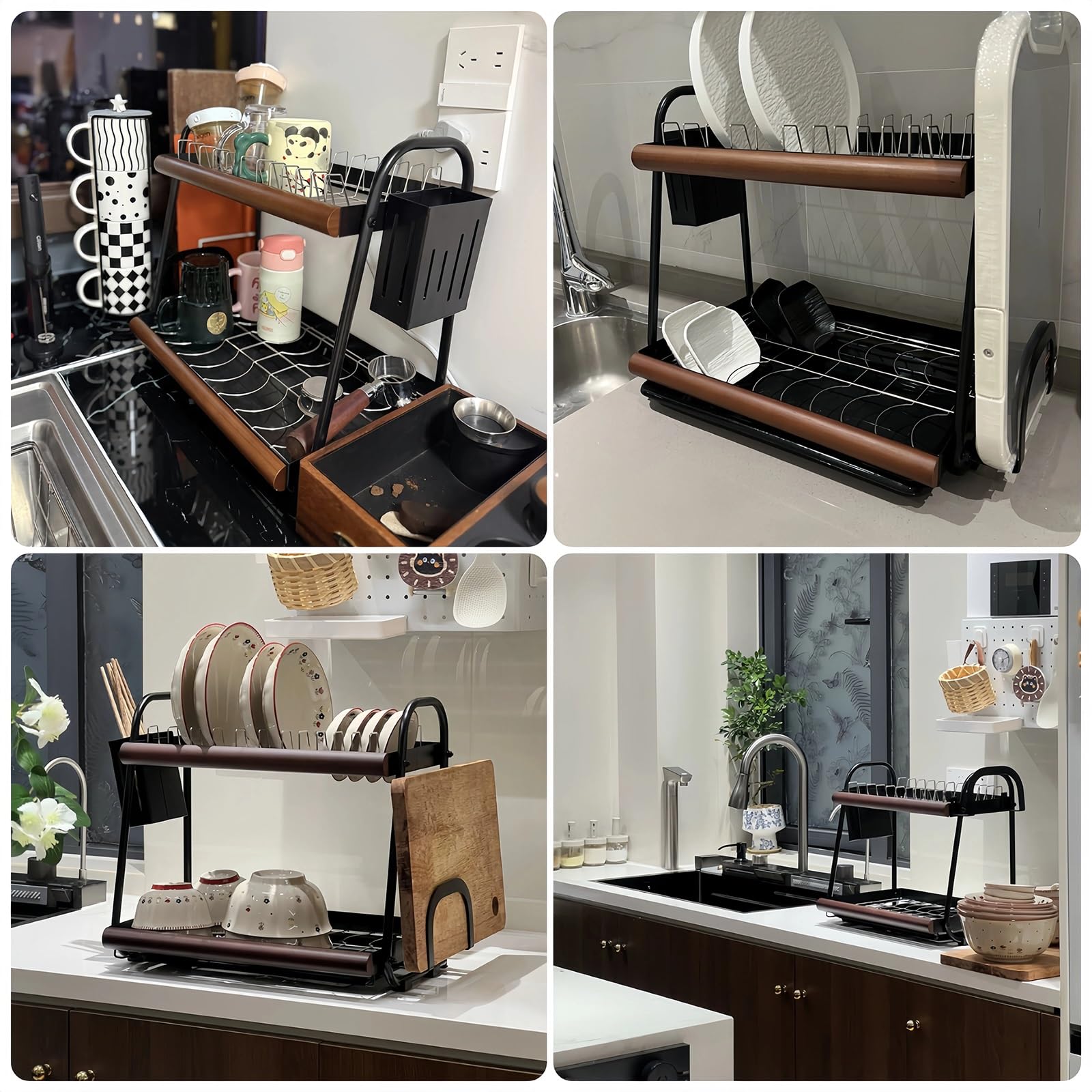 Scolapiatti Legno 2 Livelli,Acciaio Inox 304 | Supporto Salvaspazio con Portaposate,per Piatti,Coperchi,Ciotole,Tazze,Organizer Piano Cucina