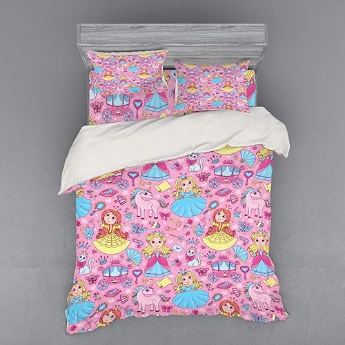 Lunarable Cartoon Bedding Set, Cartoon Characters with Childish Girls Unicorns Fantasy, 4 Piece Duvet Cover Set with Shams and Fitted Sheet, Queen