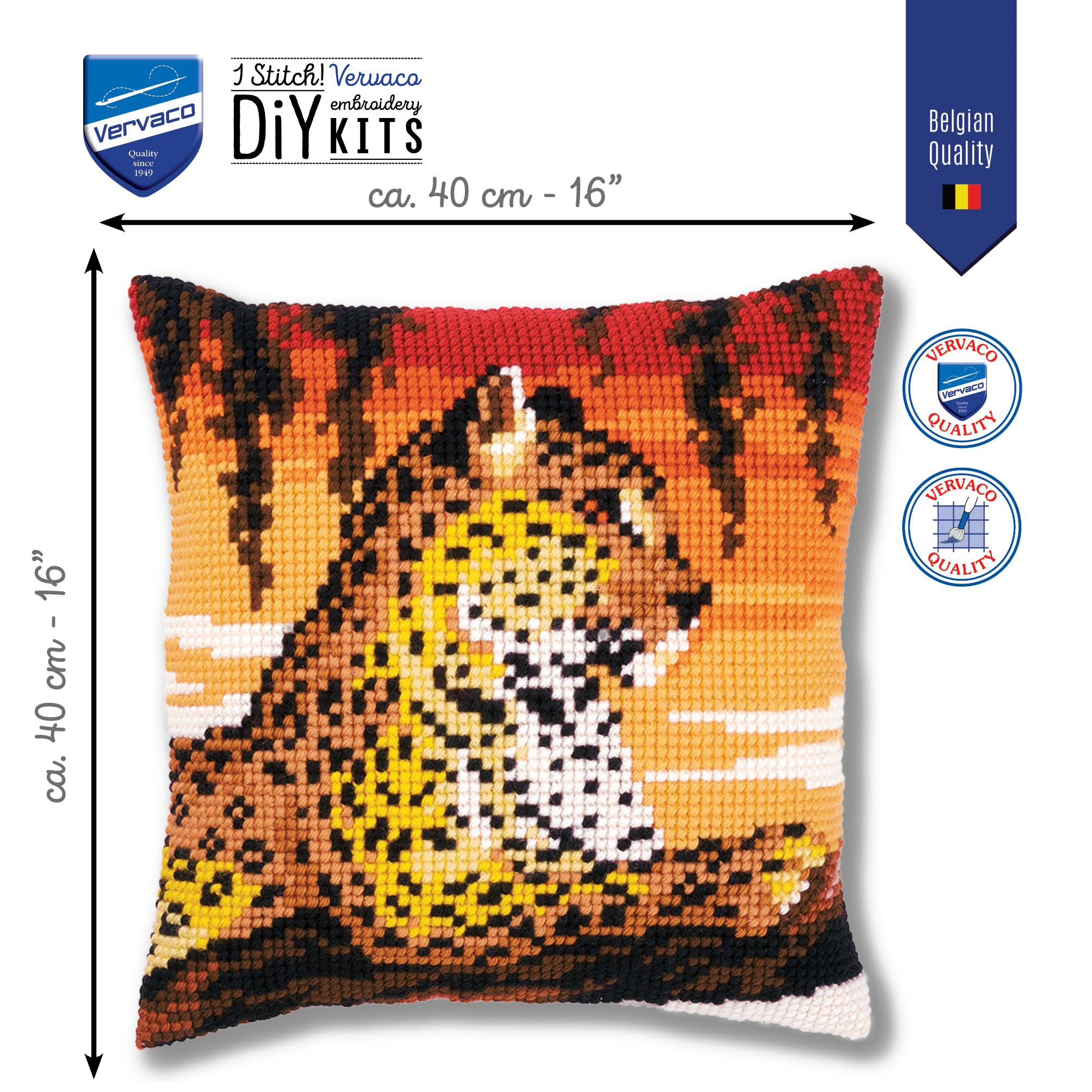 Vervaco Cross Stitch Embroidery Kits Pillow Front for Self-Embroidery with Embroidery Pattern on 100% Cotton and Embroidery Thread, 15,75 x 15,75 Inches - 40 x 40 cm, Leopard