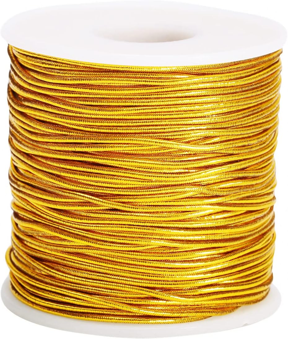Metallic Stretch Cord Elastic Cords Ribbon Metallic Tinsel Cord Rope for Ornament Hanging, Decorating, Gift Wrapping, 1 mm 65 Yards (Gold)