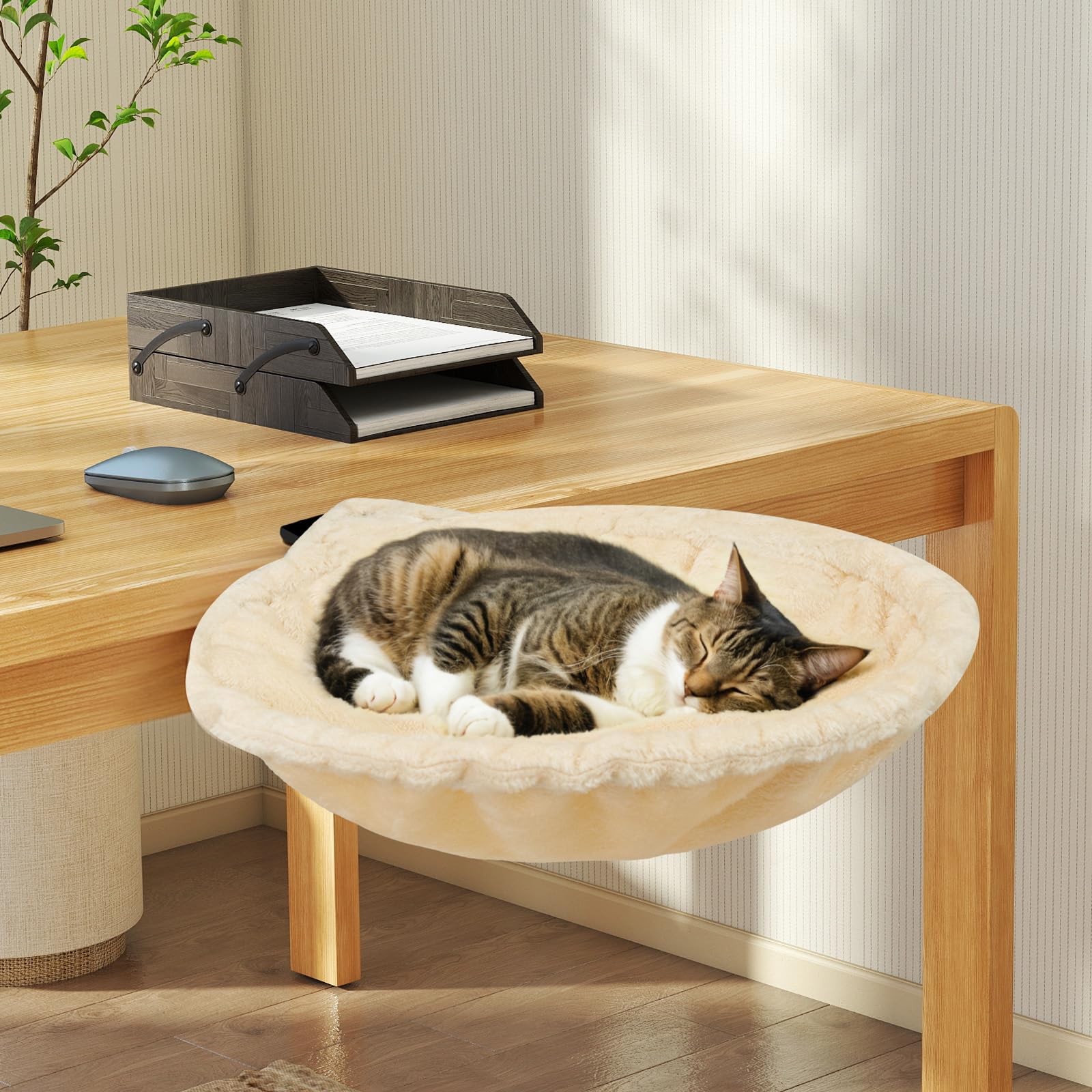 Erinnyees Cat Desk Bed, Space-Saving Cat Hammock for Desk, Stable and Adjustable, Soft Plush Kitty Bed, Supporting up to 44 Pounds, Suitable for Home Office and Games, Round