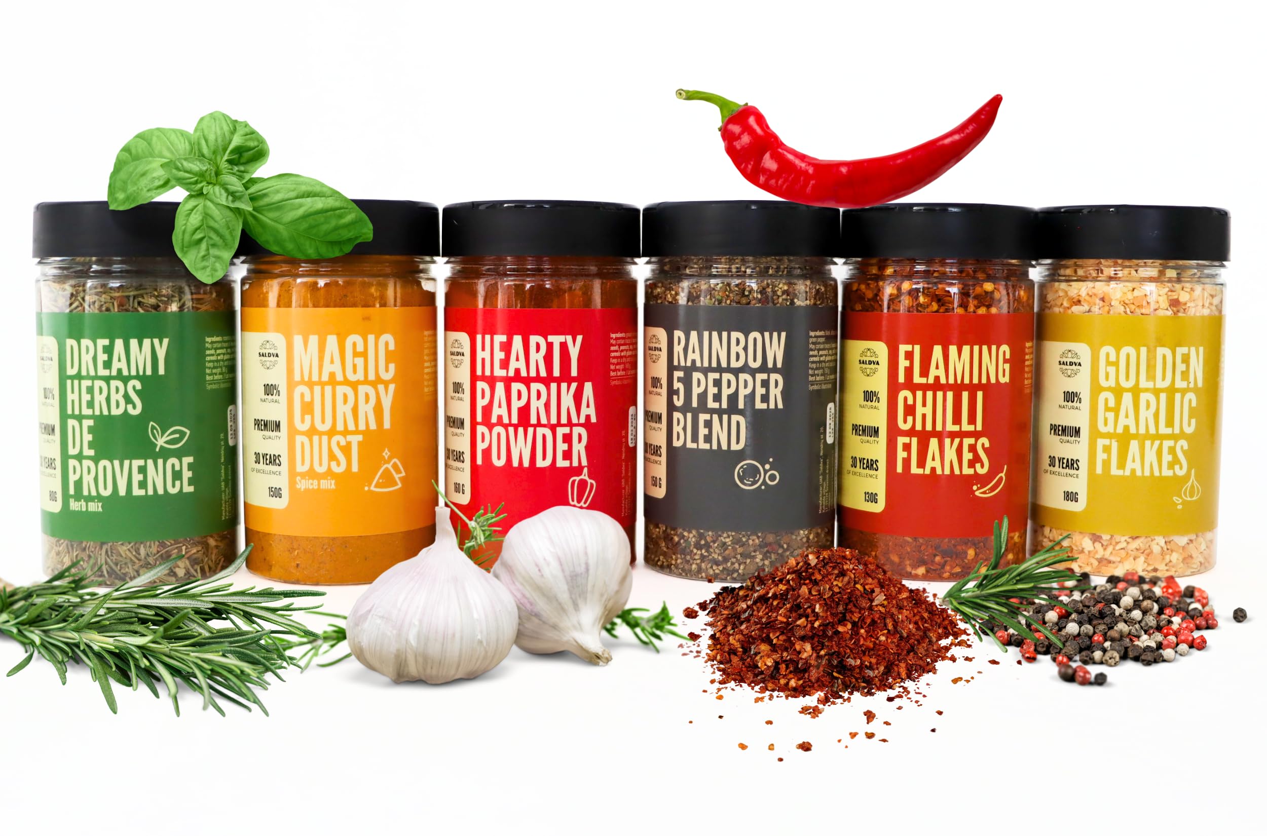 Premium 6-Spice Gourmet Selection - 6 Large Jars with Double Lid - Essential Spices - Pure & Fresh Ingredients - Wonderful Aroma