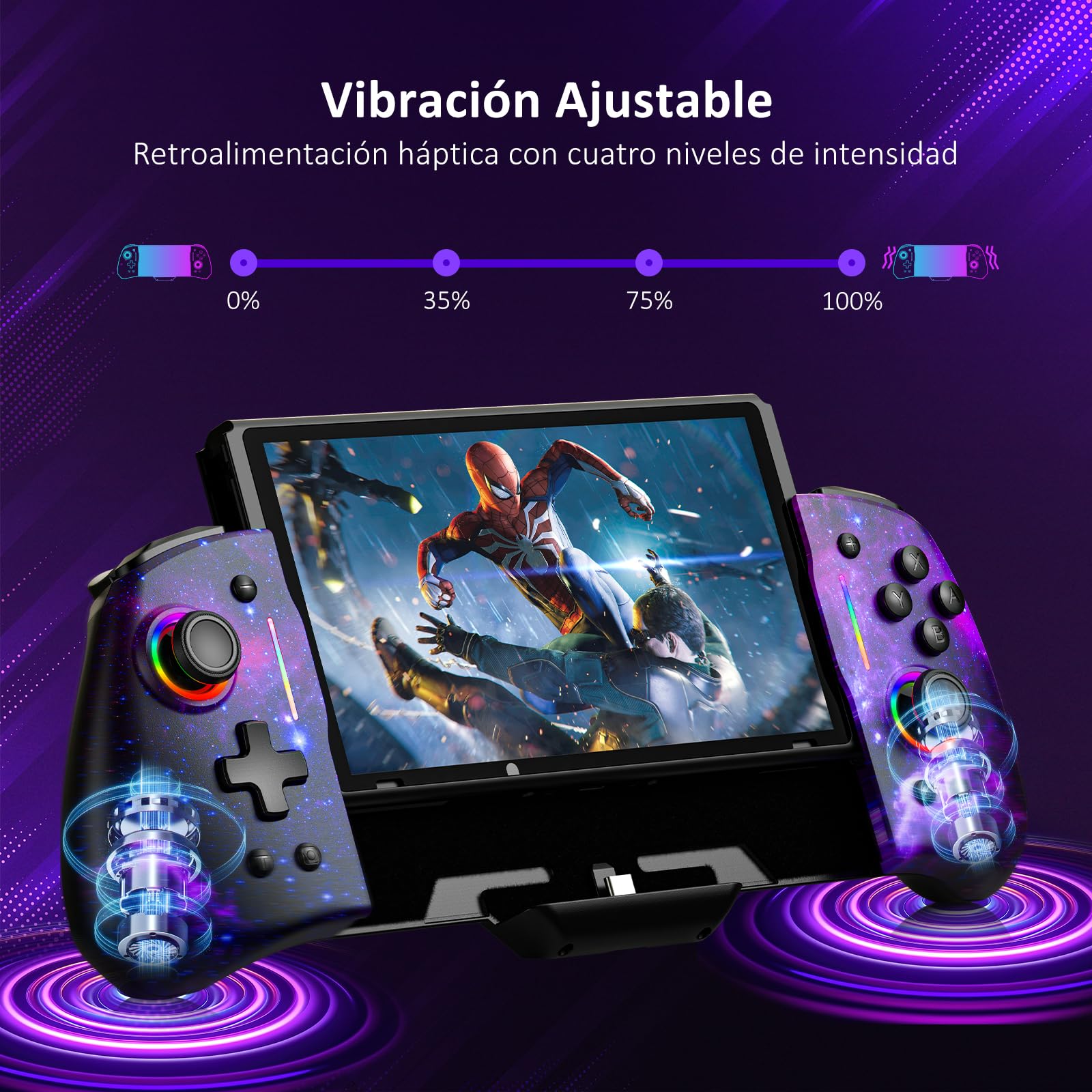 NexiGo Hall Effect Gripcon (Sin Deriva, Sin Zona Muerta) con Joystick de Detección de Efecto Hall para Switch/Switch OLED, Luz RGB Ajustable, Giroscopio de 6 Ejes, Turbo, Mapeo (Cosmic Nebula)