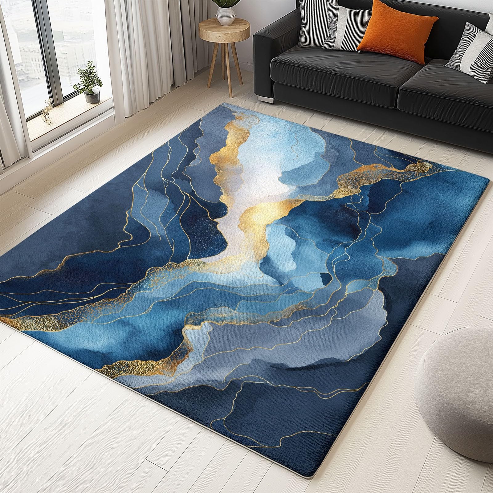 Générique Tapis de Salon Moderne 140 cm x 200 cm Bleu Foncé Texture De Marbre HD, Poils Courts Anti Tache Lavable - Tapis pour Chambre Enfant Adulte Cuisine Entrée - Confortable Doux