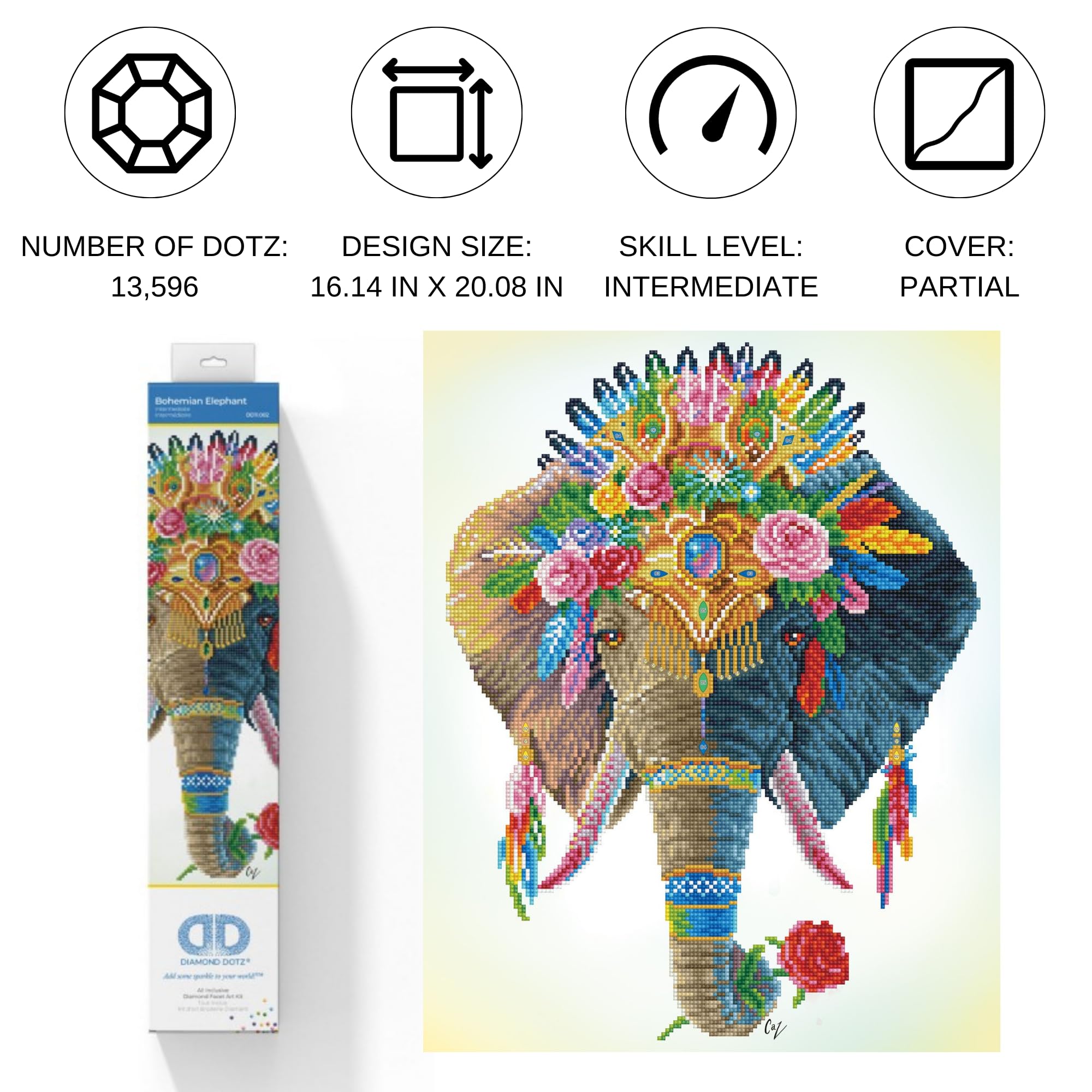 DIAMOND DOTZ Bohemian Elephant Diamond Painting Kits for Adults - Diamond Art Kits a Relaxing Creative Craft Kit with Dotz Gems 16.1x20.1