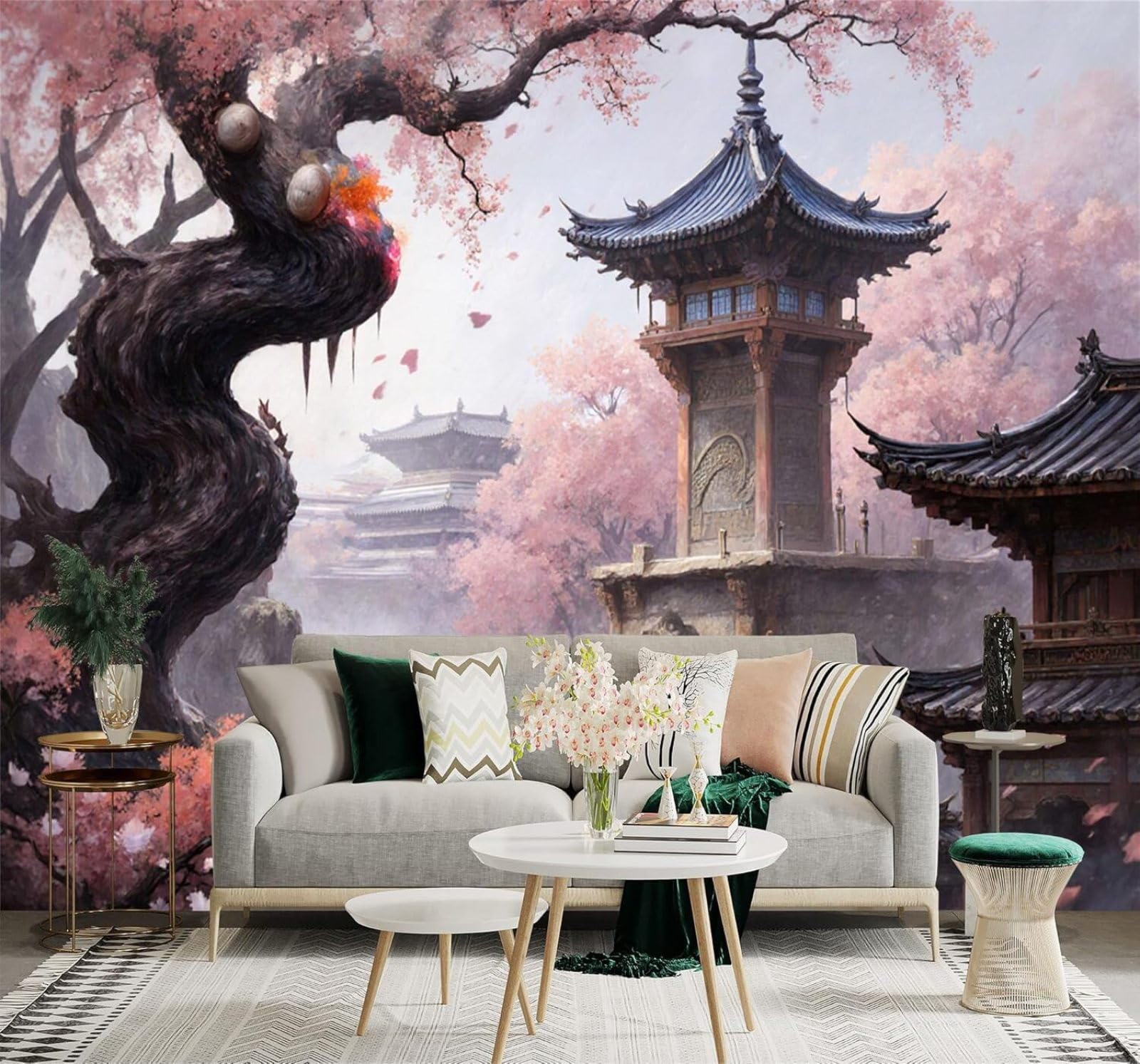 XLMING Ancient Temple Cherry Blossoms Waterfall Misty Mountains Scenery 3D Wallpaper Premium Textured Silk Study Dining Living Room Bedroom Sofa TV Wall Easy Install-350cm×256cm