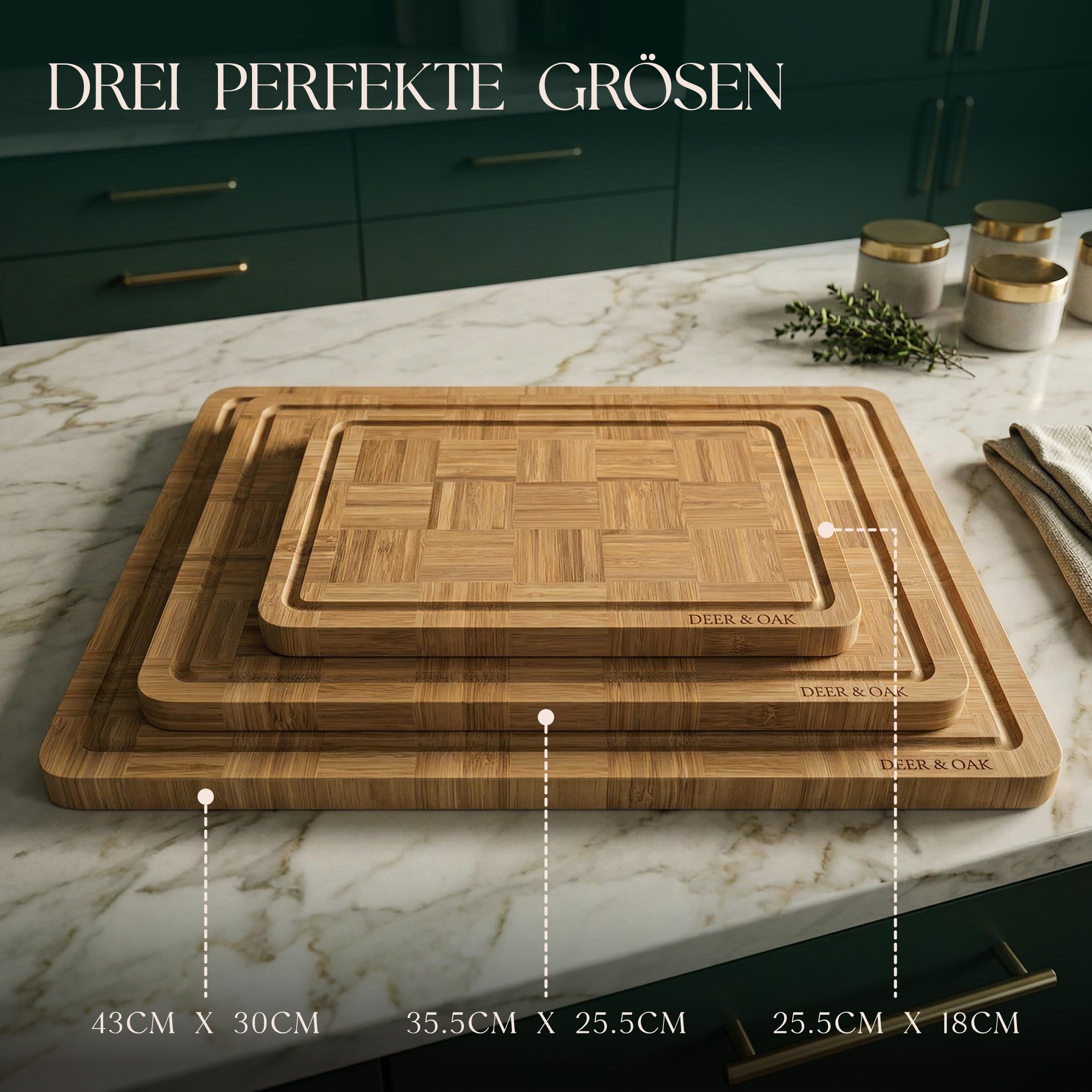 Deer & Oak 3-teiliges Schneidebrett-Set aus karbonisiertem Endkorn-Bambus mit Ständer, vorgeöltes Holz-Schneidebrett-Set, Korbgeflecht-Design, langlebige Metzgerblock-Schneidebretter