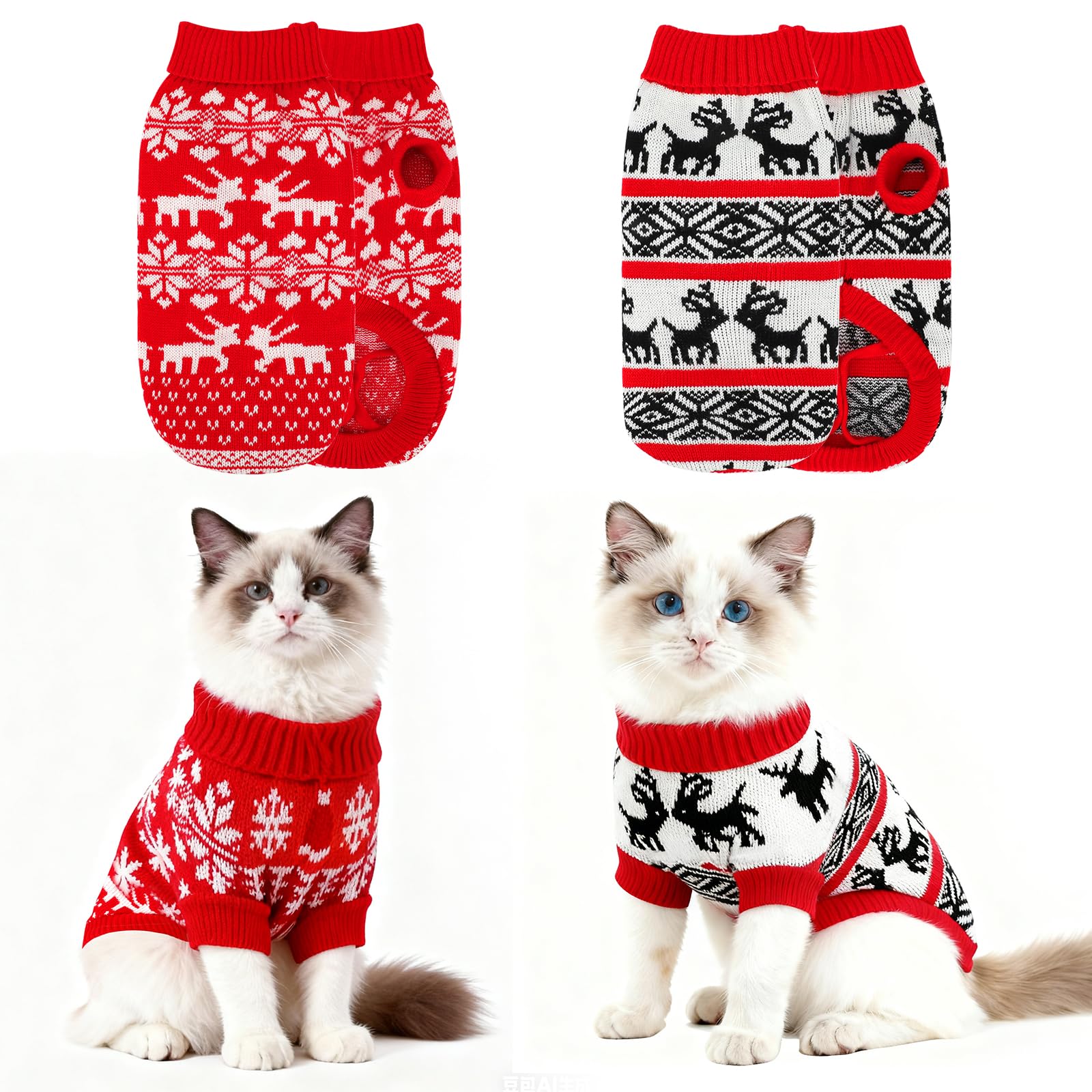 RANYPET 2 Packs Cat Christmas Jumpers, Christmas Puppy Knit Pullover Jumper Pet Turtleneck Knitwear with Reindeer Santa Claus Pattern Sweaters for Kitten and Small Dogs XL
