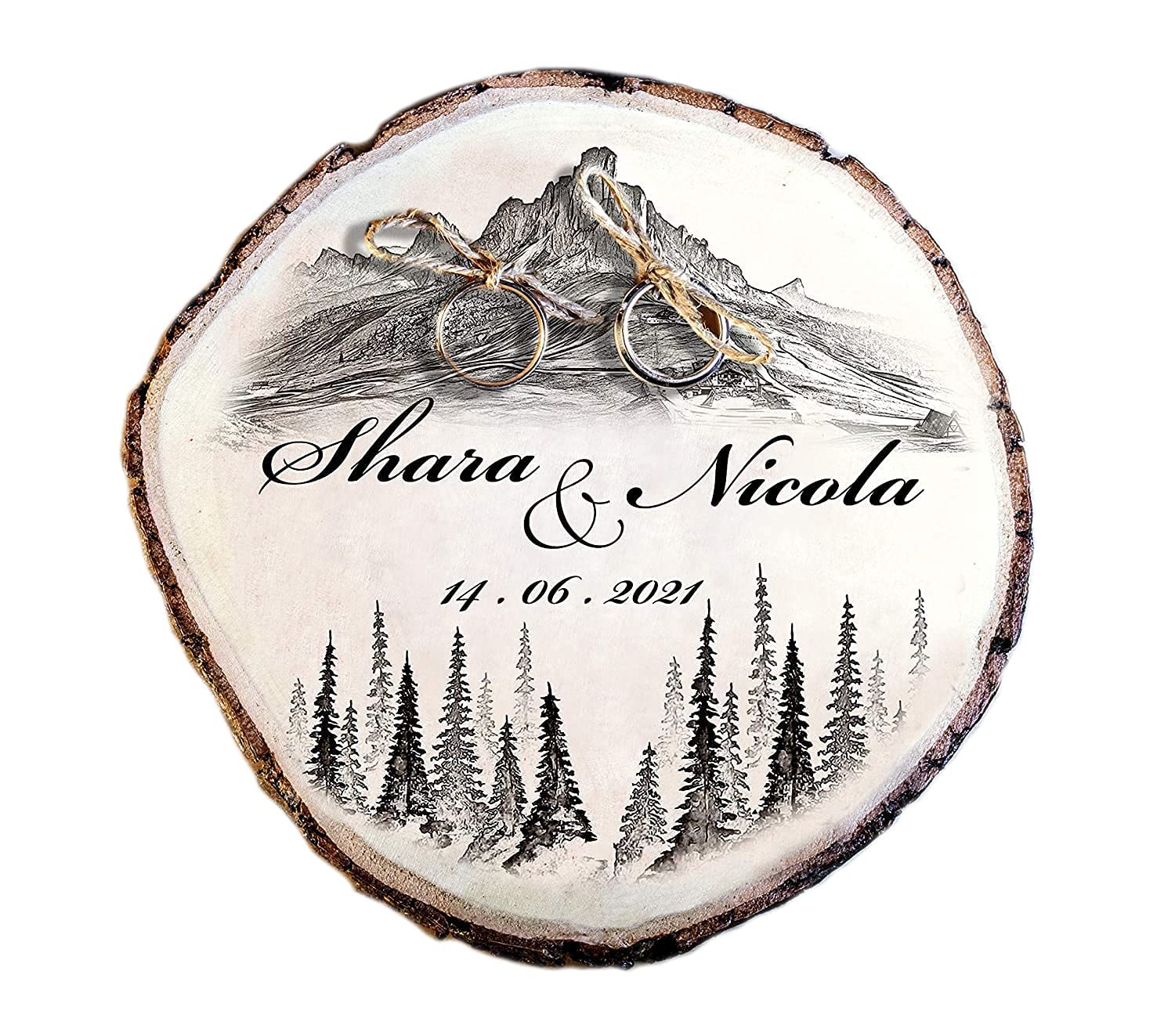 Generico Porta FEDI su Fetta di Legno 15/20 cm, Tema Alpino, Montagna, portafedi Personalizzato per Matrimonio o Altro Evento Speciale Anniversario, FEDI Nuziali