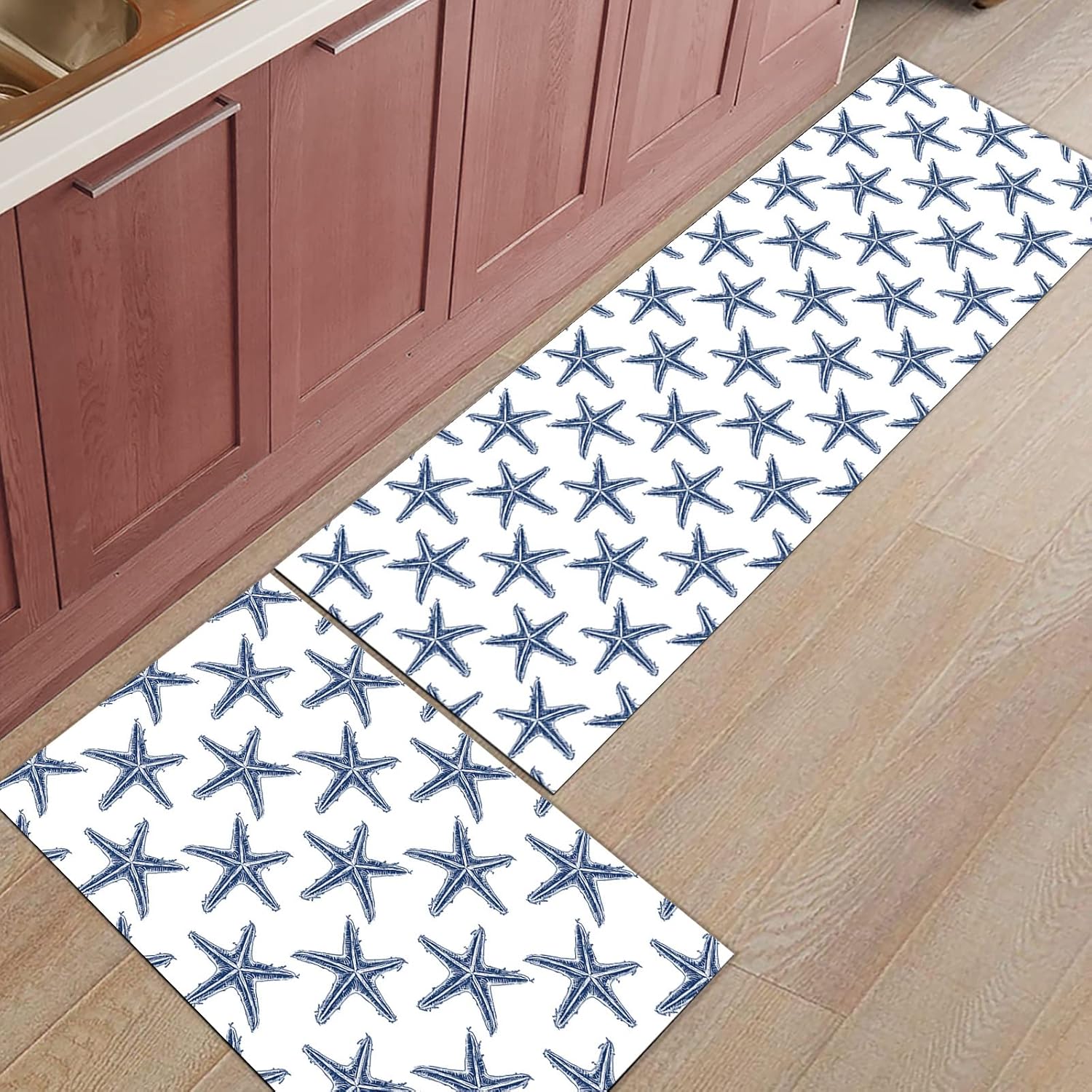 Starfish Kitchen Mats 2 Piece, Summer Ocean Navy Blue