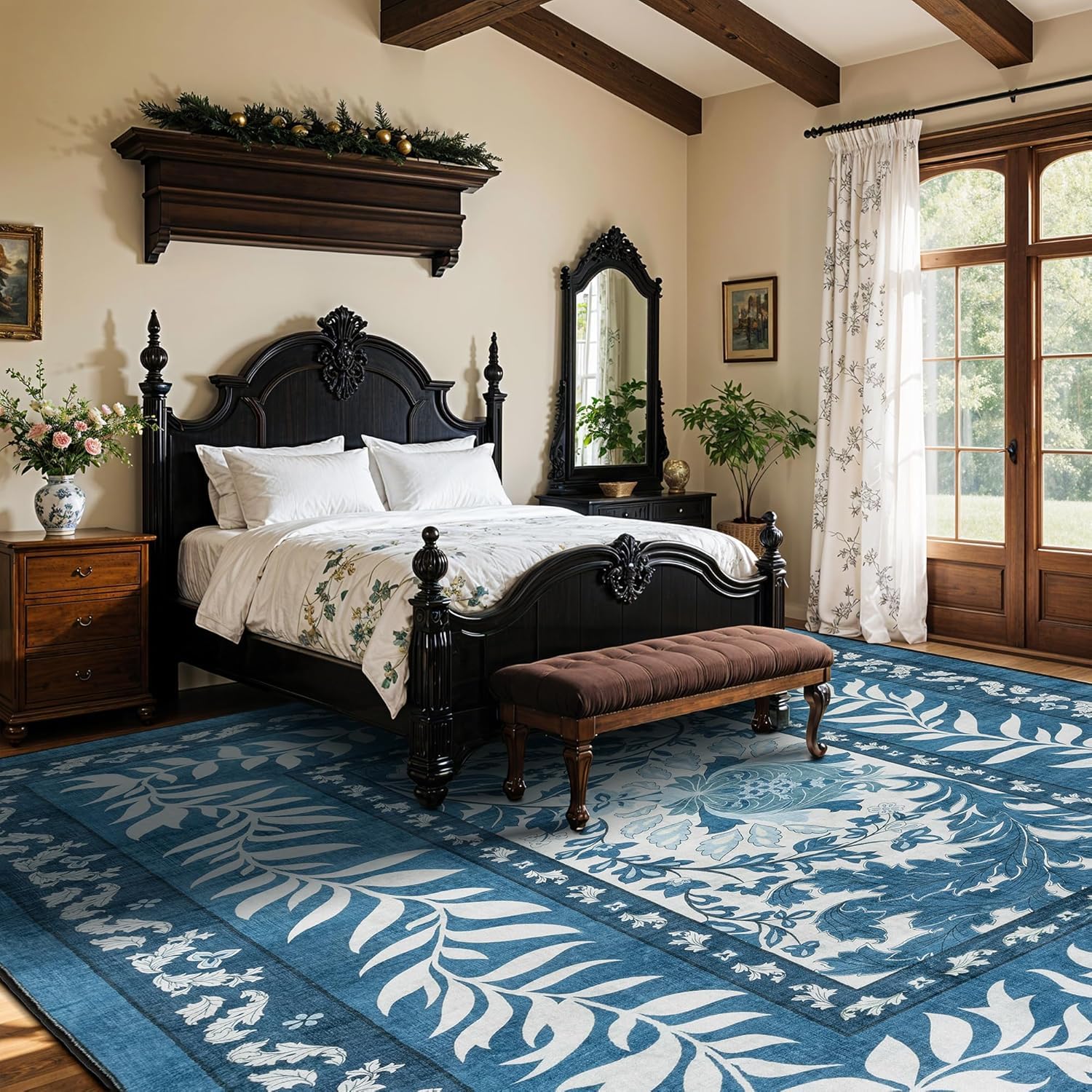 Tapis salon 200x290 cm bleu traditionnel floral lavable