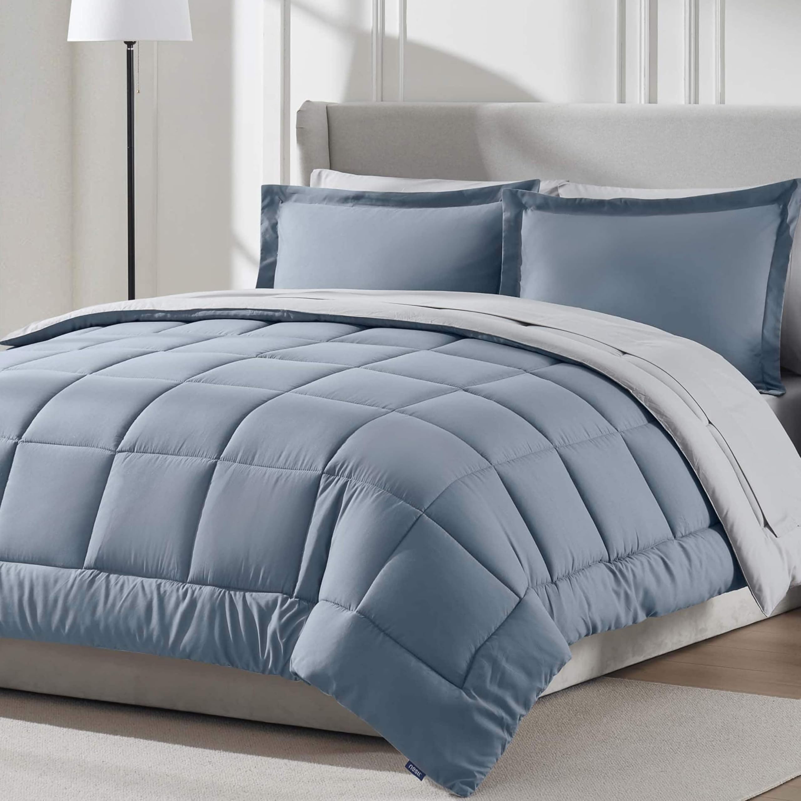 Nestl Queen Comforter Set 7 Piece - Reversible Comforters Queen Size Stone Blue, Bed in a Bag Queen All Season, Queen Size Comforter Set Bedding with Flat Sheet, Fitted Sheet, Pillowcases and Shams — image 1