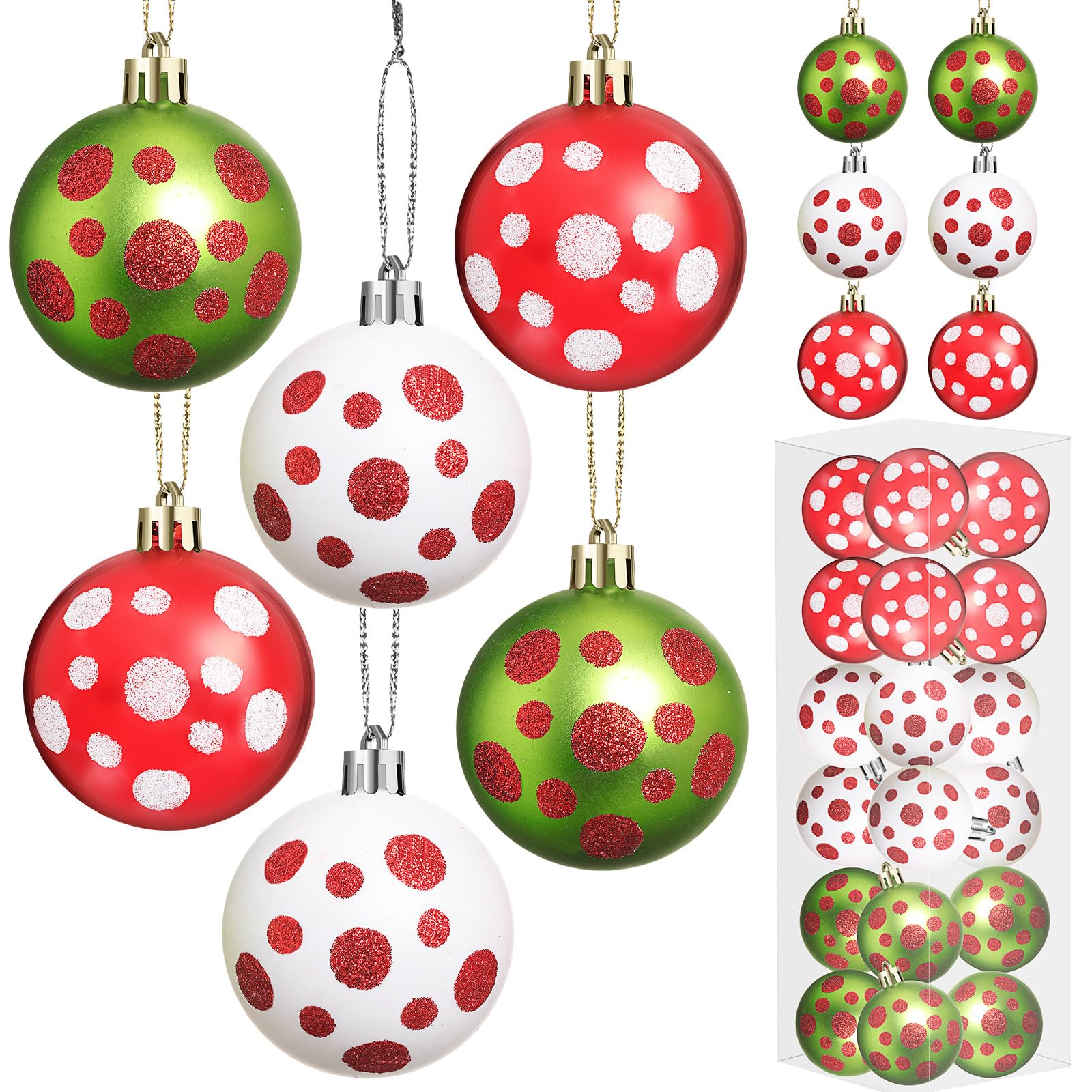 24 esferas de Navidad, adornos rojos y verdes para árbol de Navidad, adornos de 2.36 pulgadas con purpurina de lunares, adornos colgantes para decoración de árbol de Navidad, fiestas de