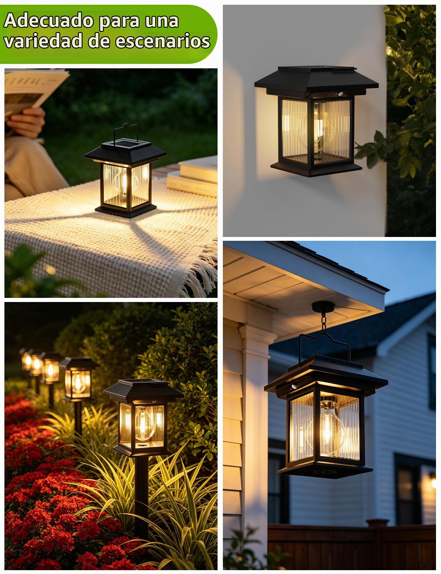 4 Piezas Luces Solares Exterior Jardín con Sensor de Movimiento, Carga USB | 3000k Luces Solares Jardin IP65, 3 Modos, Para Camino, Pared, Valla, Patio, Balcón, 3 en 1 Para Suelo, Pared o Colgante