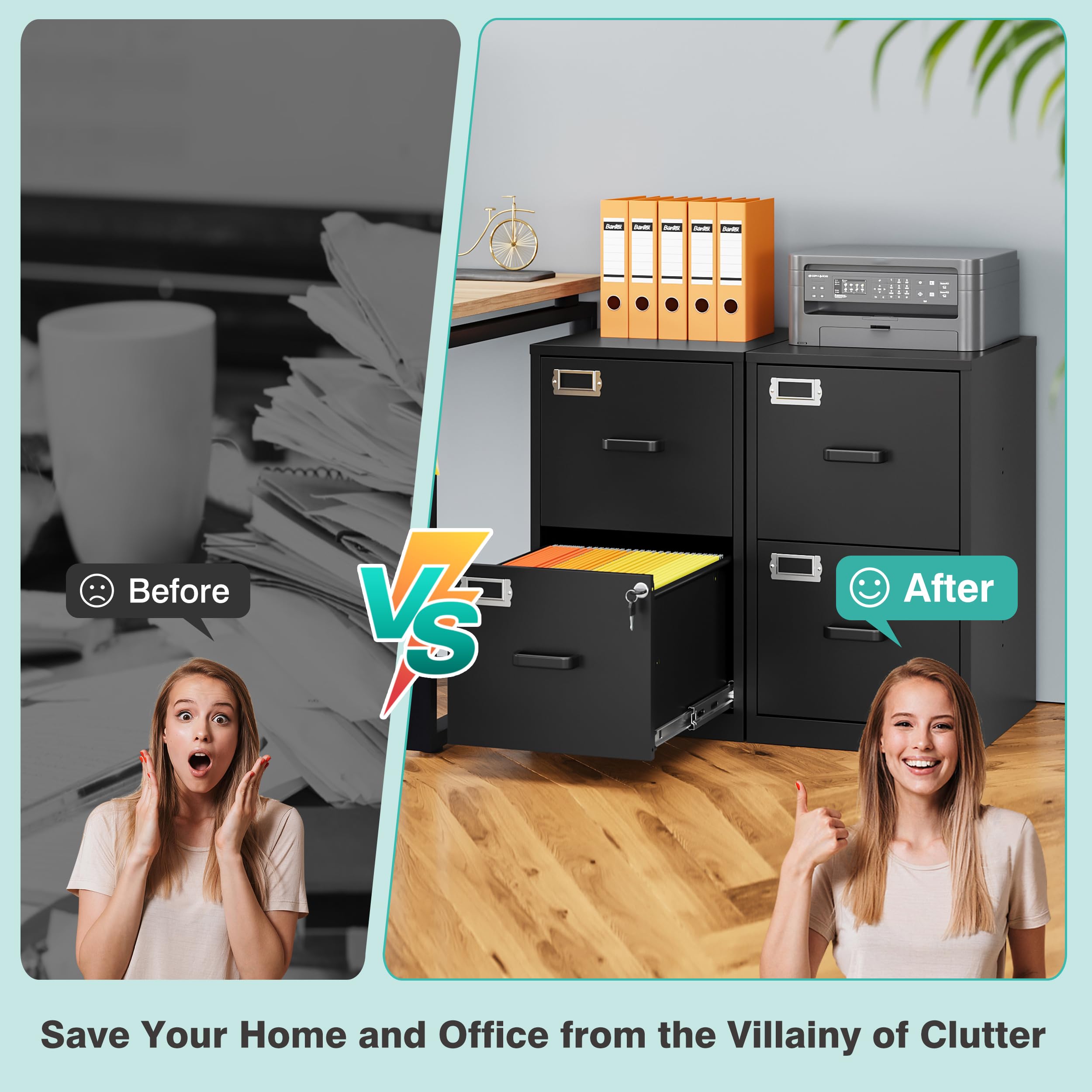 SISESOL 2 Drawer File Cabinet with Lock,Narrow Vertical Filing Cabinet,Under Desk File Cabinets,Black Metal File Cabinets for Home Office,Fit Letter Size,Files Folder,Easy Assemble