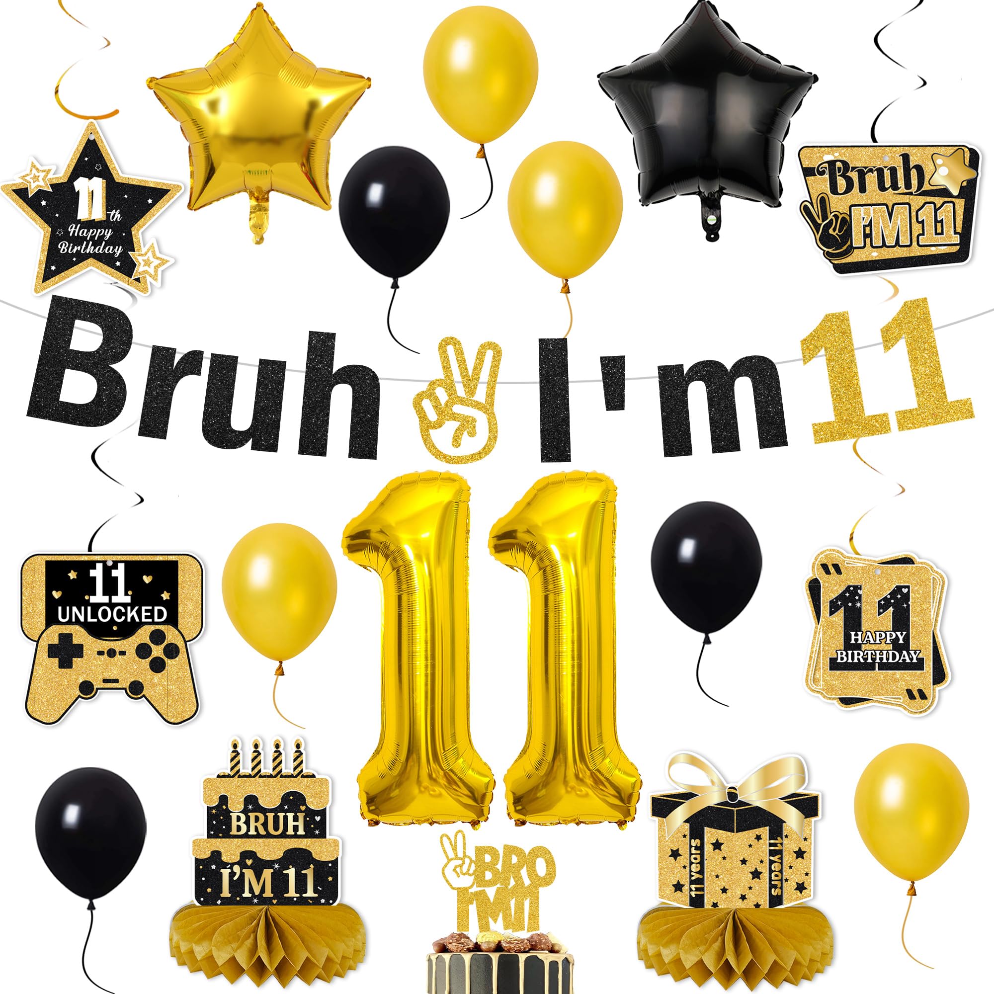 Bruh 11th Birthday Decorations for Boys - Bruh I'm 11 Banner Number Heart Balloons Honeycomb Centrepieces, Cake Topper Black Gold 11 Years Old Boys Party Supplies