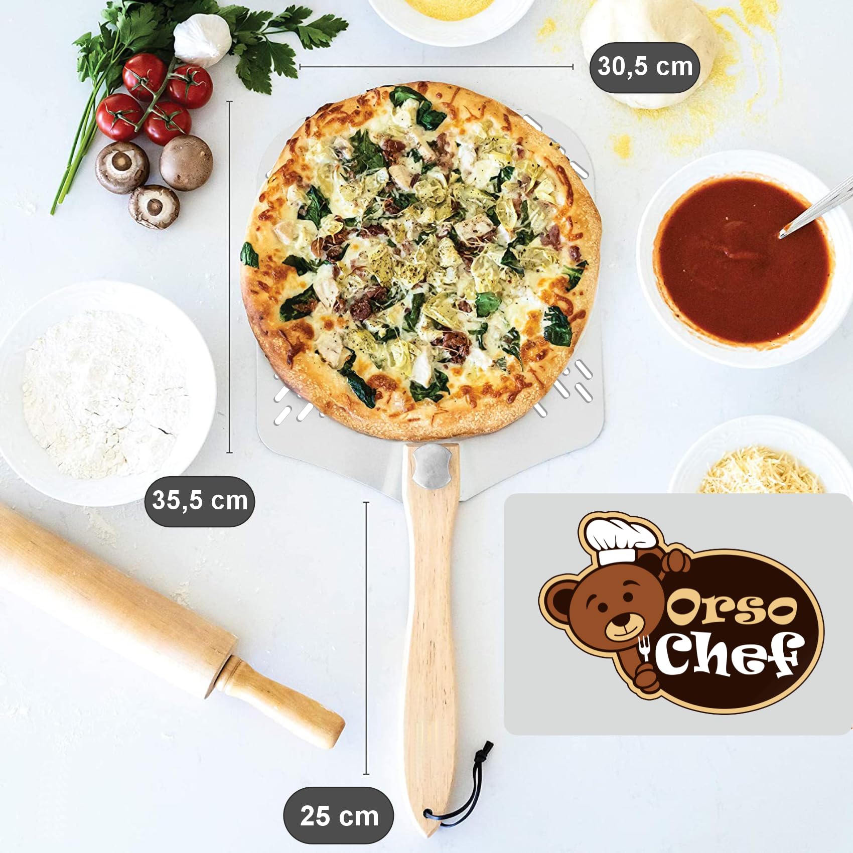 Pelle à pizza perforée - Pelle à pizza en aluminium - Avec manche pliable, professionnelle, nouvelle perforation professionnelle, robuste jusqu'à 4 kg. - Pour cuire du pain, des pizzas et des gâteaux.
