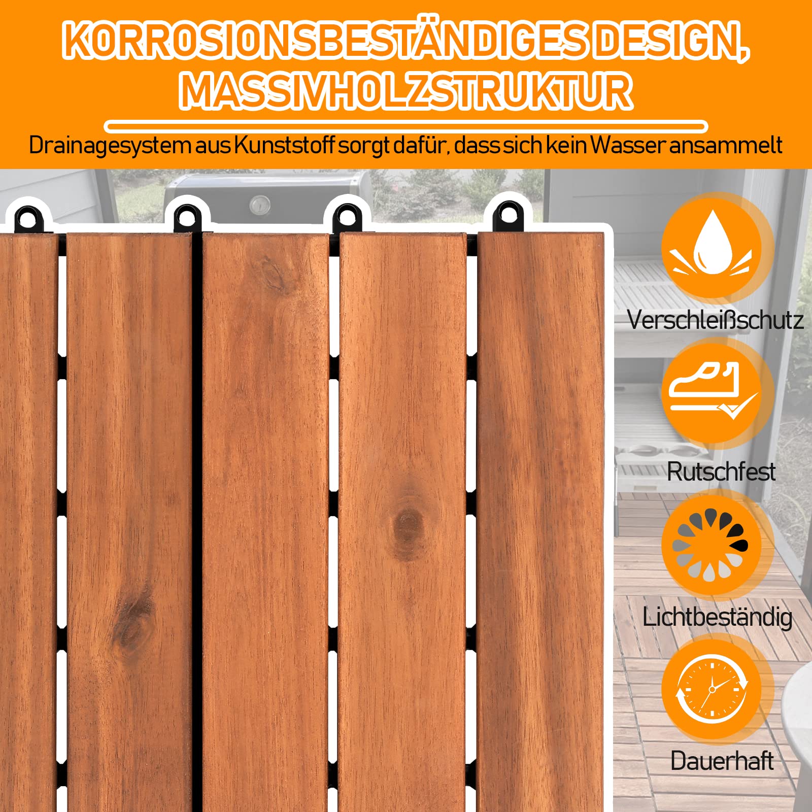 Cecaylie 110 stuks houten tegels van acaciahout, 6 latten, tegels, houten tegels, 30 x 30 cm - 10 m², balkontegels voor balkon, tuin en terras, eenvoudig, snel en praktisch gelegd