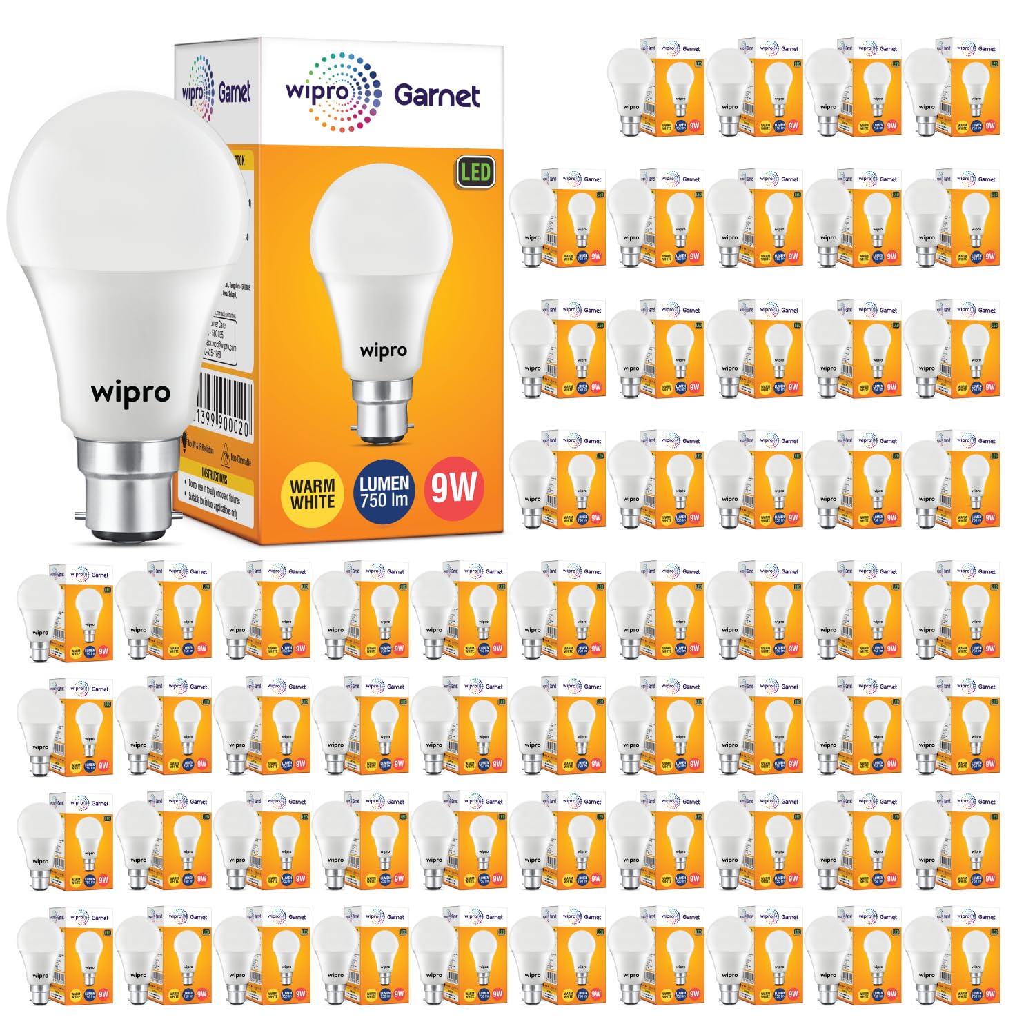 wipro Garnet 9w Led bulb B22 Warmwhite (2700k), Pack 0f 60
